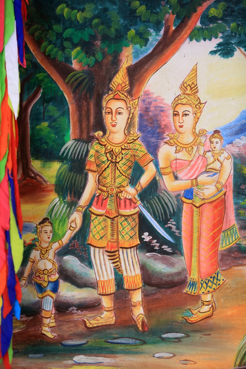 Obras de arte de tecto retratando a vida de Buda. Templo Wat Si Sou Mang Karam. Vieng Vang. Laos, 20151102, Vieng Vang, Laos de Unbekannt