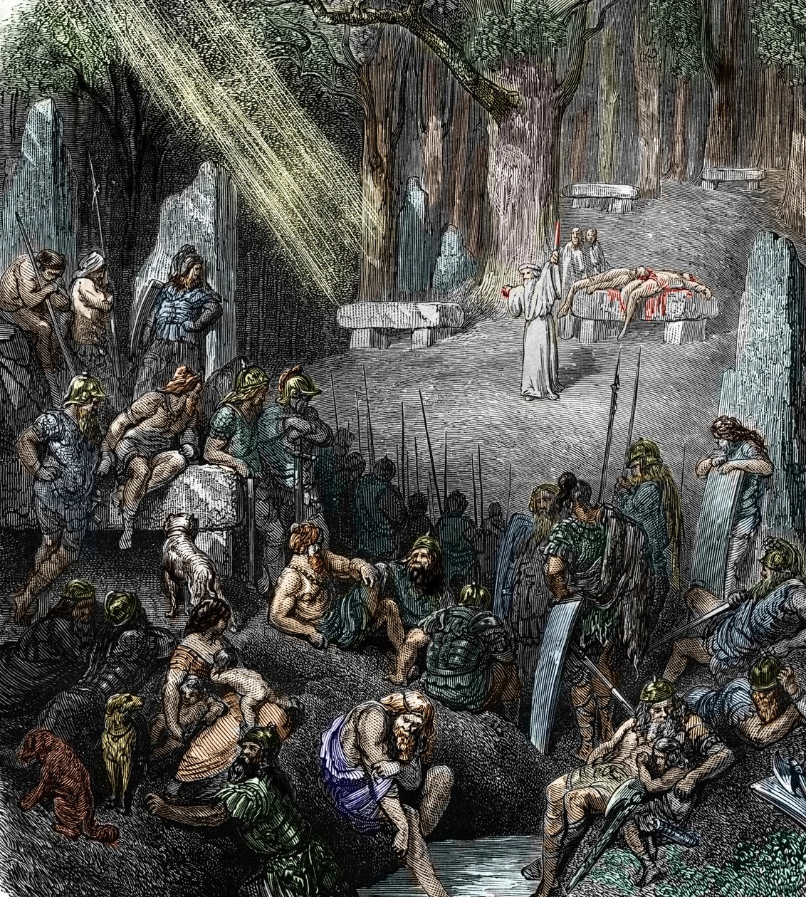 Antiquite celta: "Sacrifício humano durante cerimónia presidida por um druida na presença de famílias e guerreiros numa floresta" (religião gálica, sacrifício humano durante cerimónia presidida por um druida na presença de famílias e guerreiros numa flores de Leopold Blonder