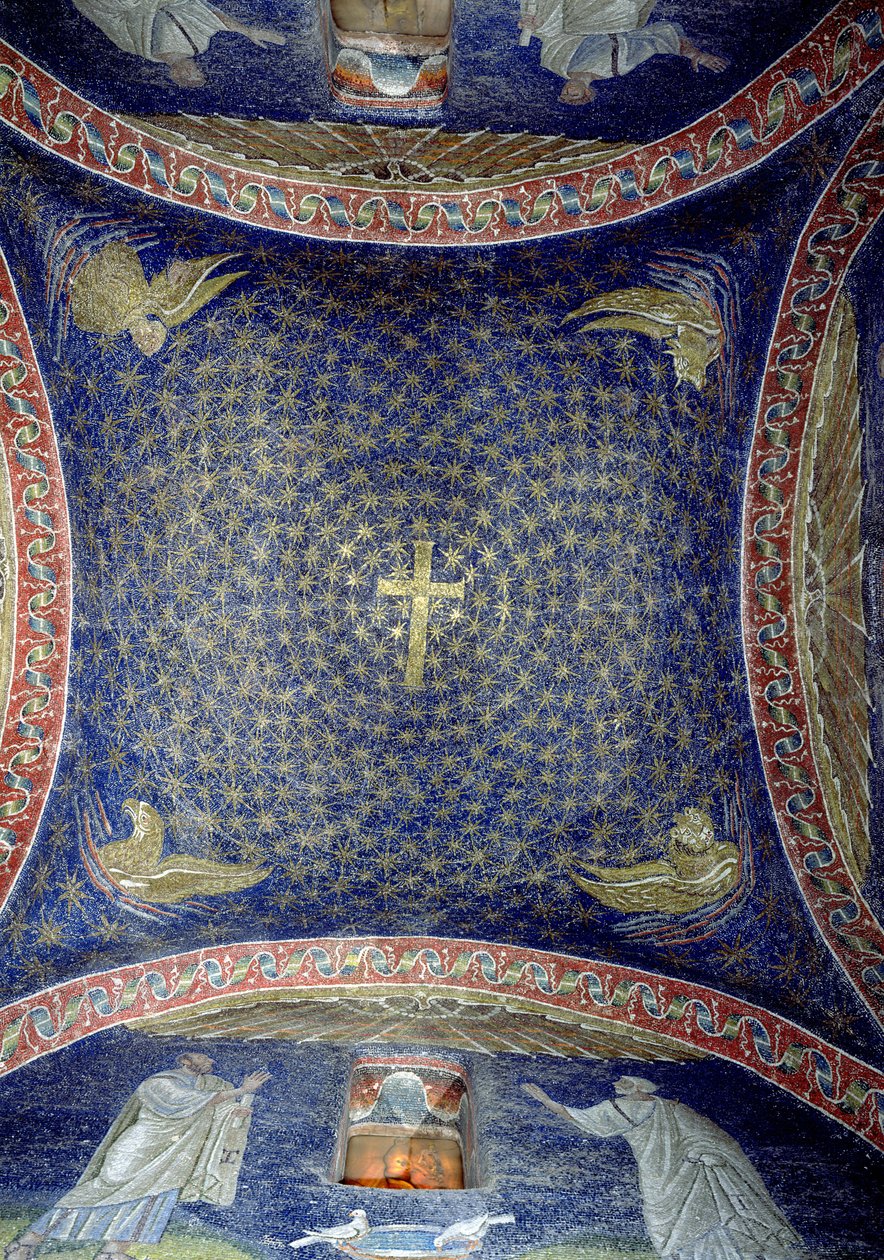 Abóbada central representando uma cruz dourada num céu estrelado com os atributos dos apóstolos, século V (mosaico) de Unbekannt