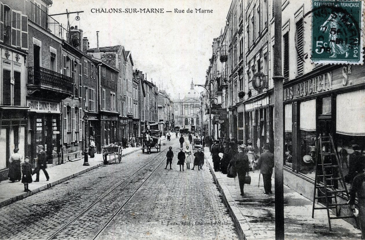 Champagne-Ardenne, Marne (51), Chalons sur Marne (Chalons-sur-Marne): vista da rue de la Marne (a cidade chama-se agora Chalons en Champagne (Chalons en Champagne) - Cartão postal no final do século XIX - início do século XX de William M. Timlin
