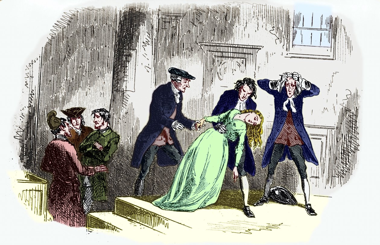 O conto de Charles Dickens "Um conto de duas cidades" : A legenda é: Após a frase. - Lucie Manette desmaia. CD: Romancista inglesa, 7 de Fevereiro de 1812 9 de Junho de 1870. Ilustração de George Cruikshank : caricaturista inglês e ilustrador de livros. de Unbekannt