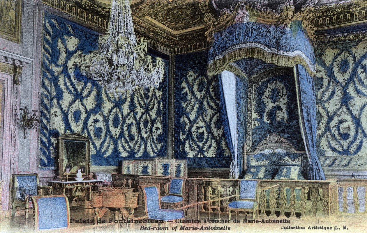 Chateau de Fontainebleau: quarto da Rainha Maria Antonieta (1755-1793) - Cartão postal do final do século 19-20 de William M. Timlin