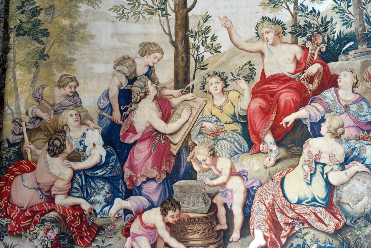 Chateau de Fontainebleau: detalhe, drapeado tecido para Luís XIV na fábrica de Gobelins de 1687, após as grandes pinturas de Pierre Mignard no Chateau de Saint Cloud para Monsieur Philippe Duc d