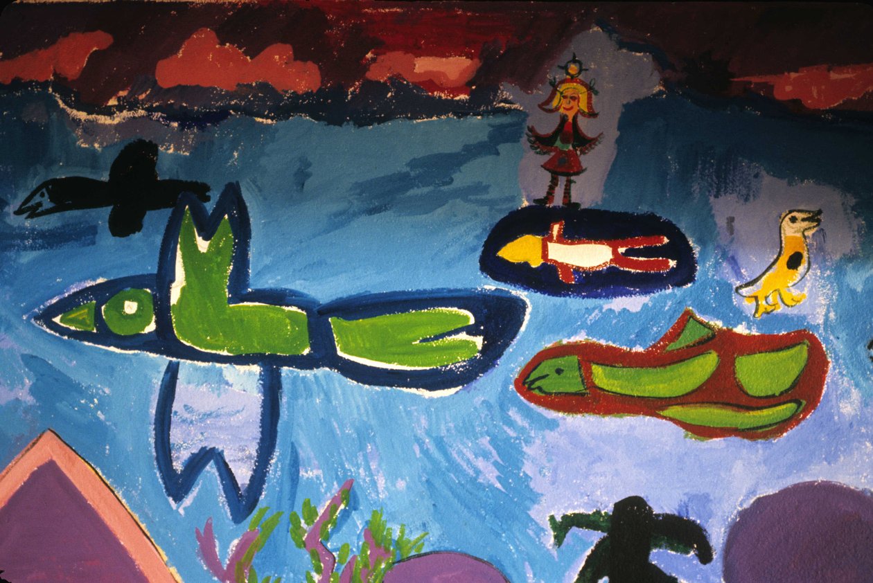Desenho infantil retratando aves, peixes, animais e personagens, escola da Cruz Rousse, Saint Brieuc (Saint Brieuc). de Unbekannt