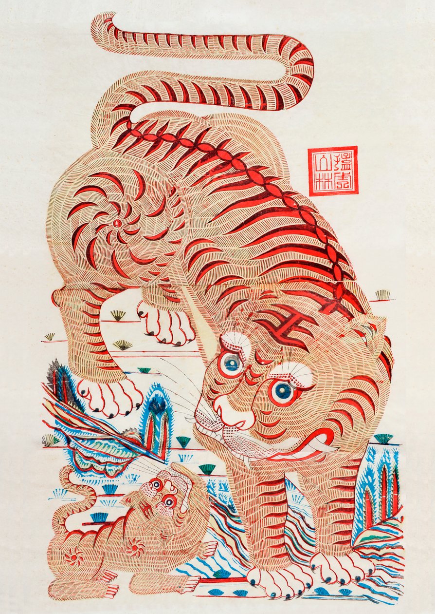 Chinesa Woodblock of a Tiger (impressão a cores do woodblock) de Unbekannt