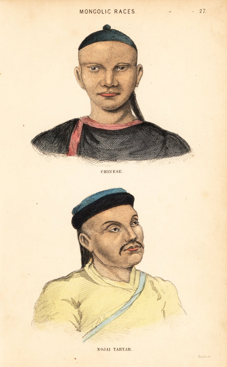 Homem chinês e homem tártaro da Horda Nogai. Raças Mongóis. Gravura em metal aço colorida à mão por Lizars a partir de uma ilustração de Charles Hamilton Smith da sua História Natural da Espécie Humana. de Unbekannter Künstler