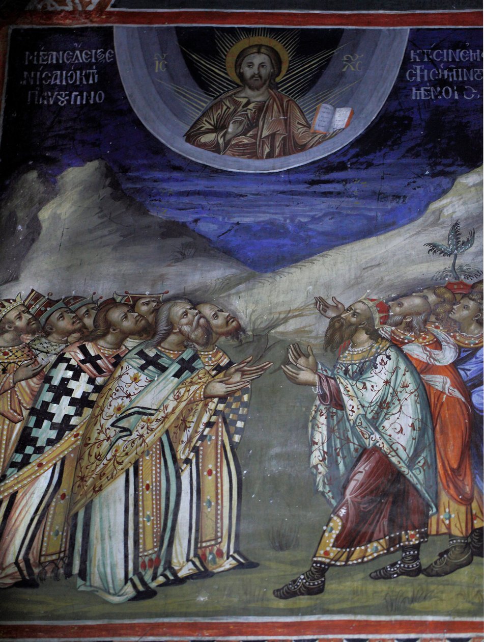 Cristo em glória controlando as forças temporais e espirituais Afresco bizantino do mosteiro Agios Ioannis Lampadistis, Saint-John Lampadistis Chipre Século XI Igrejas pintadas UNESCO site Troodos, Chipre de William M. Timlin