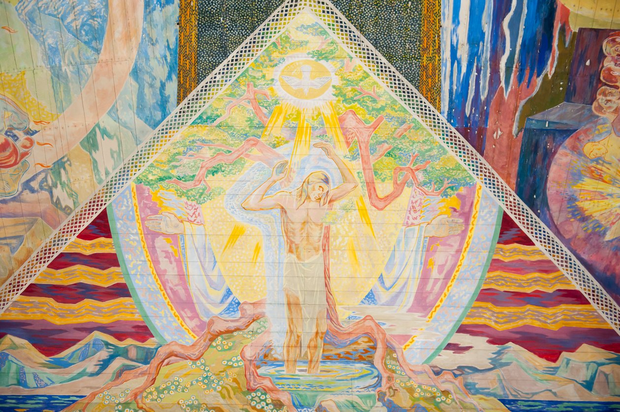 Cristianismo; moderno; arte; pintura colorida no tecto por Lous Mohr "" Trindade"; 1938; pintura de Jesus Cristo dentro da Catedral de Oslo; Oslo Domkirke; Oslo; Noruega; Escandinávia; Europa do Norte; Europa de Unbekannt