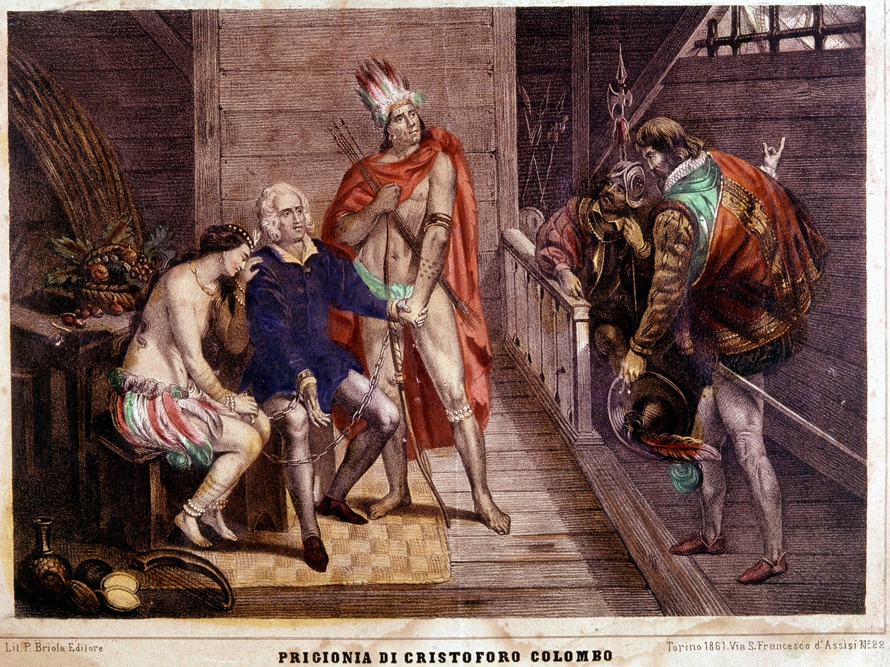 Cadeias de Cristóvão Colombo (Colombo) em 1500 no seu regresso a Espanha - gravura italiana de 1861 de Unbekannter Künstler