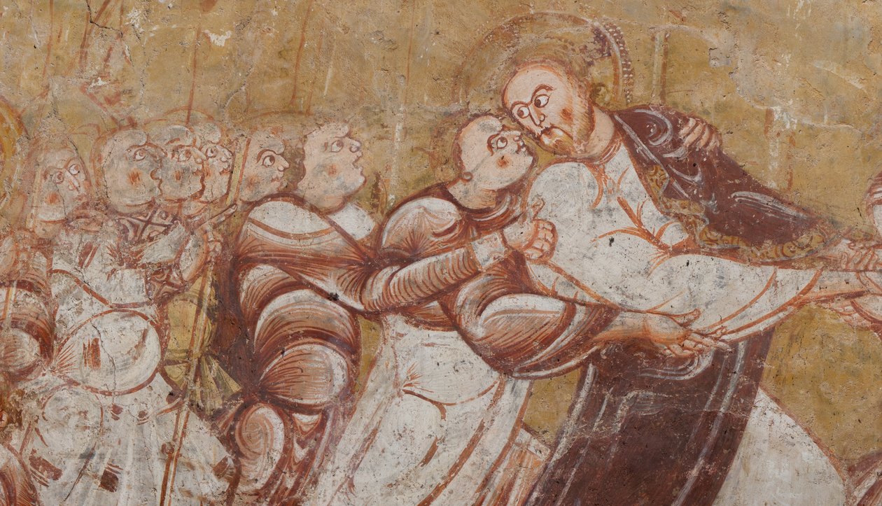 Igreja (Église Saint-Martin). Interior. Quadros de parede (fresco). Parede norte do coro. Pormenor. Prisão de Cristo. Século XII. de Unbekannt