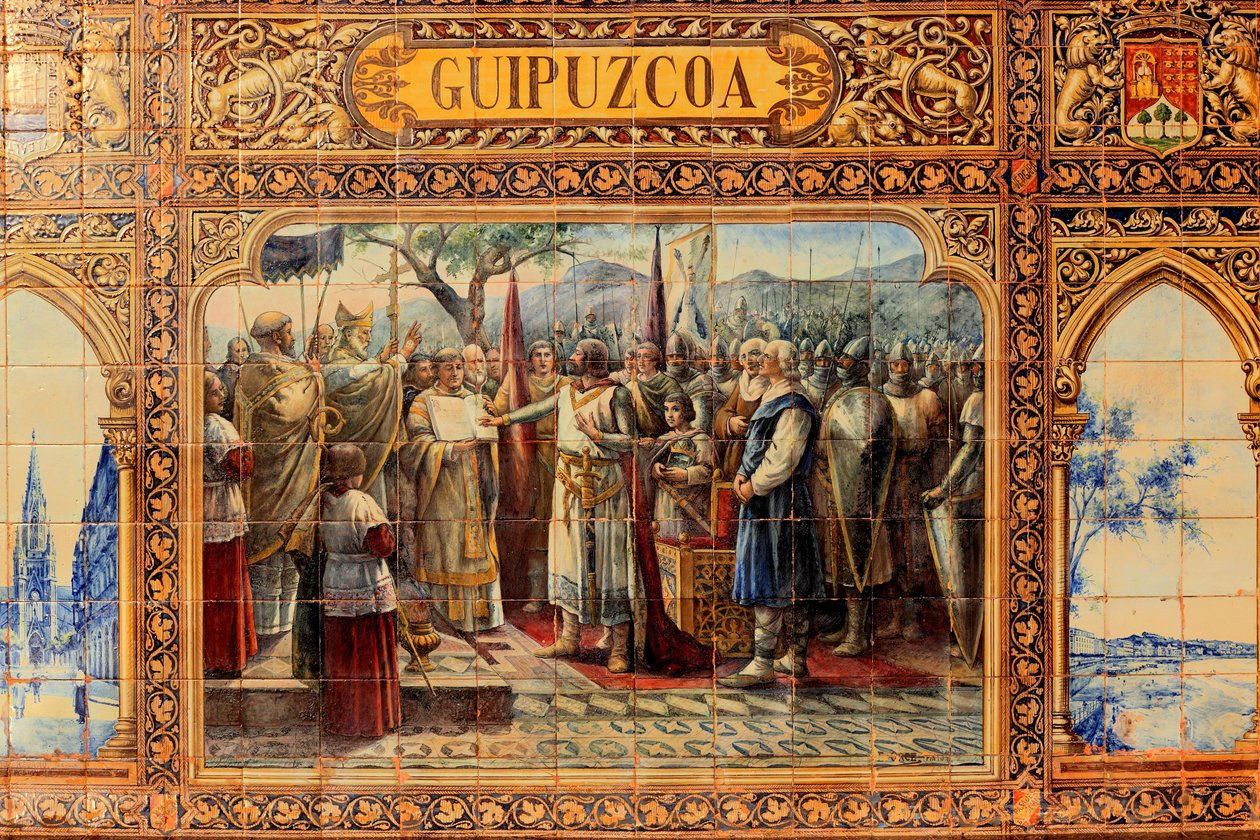 Cidade de Sevilha, na Plaza de Espana, ornamentos feitos de azulejos (cerâmica) de Unbekannter Künstler