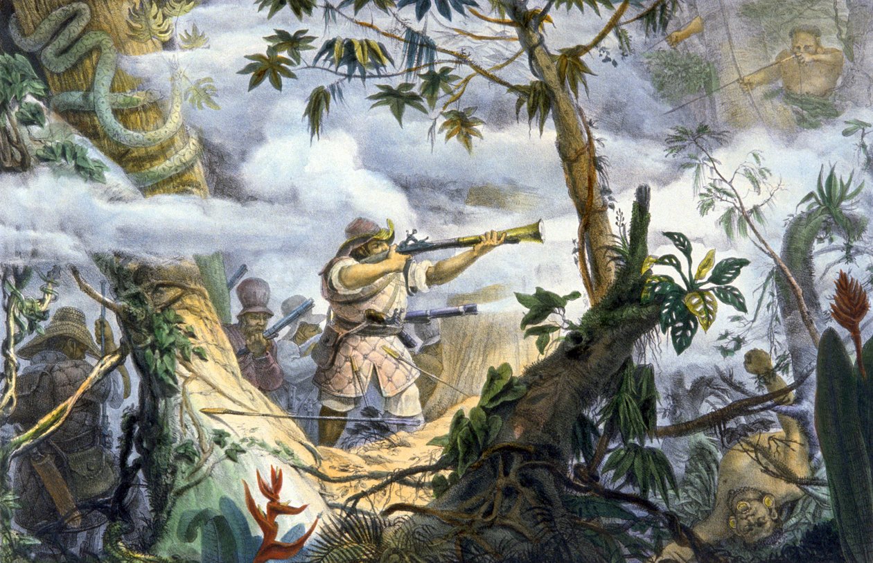 Índios "civilizados" lutando contra índios Botocudos, Brasil de Unbekannter Künstler