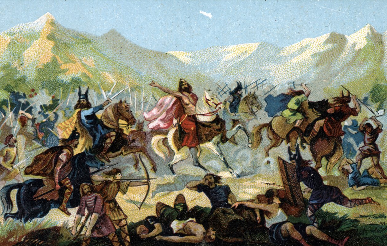 Clóvis I (466-511), rei dos francos, durante a batalha de Tolbiac, em 496, contra a tribo germânica dos alamanos, promete converter-se em caso de vitória. Finais do século XIX (cromolitografia) de Unbekannter Künstler
