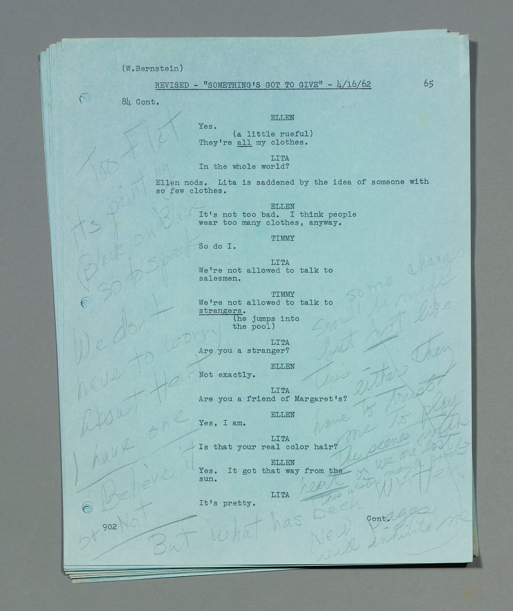 Coleção de folhas de roteiro revisadas e soltas do filme final e inacabado de Marilyn Monroe, &39;Something&39;s Got To Give&39;, roteiro de Walter Bernstein, com anotações de sua própria mão, datado de 16 a 20 de abril de Unbekannt