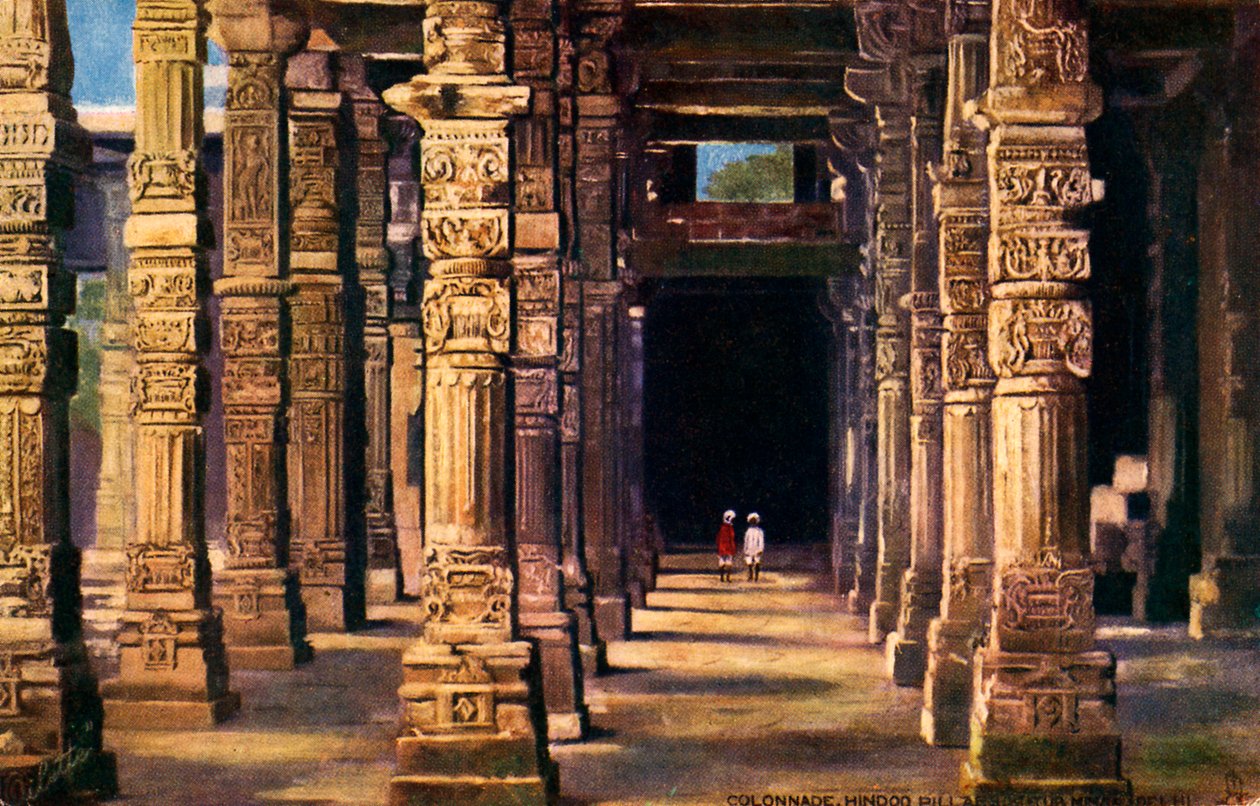 Colonada com esculturas hindus, Qutb Minar, início do século XX (impressão) de Unbekannter Künstler