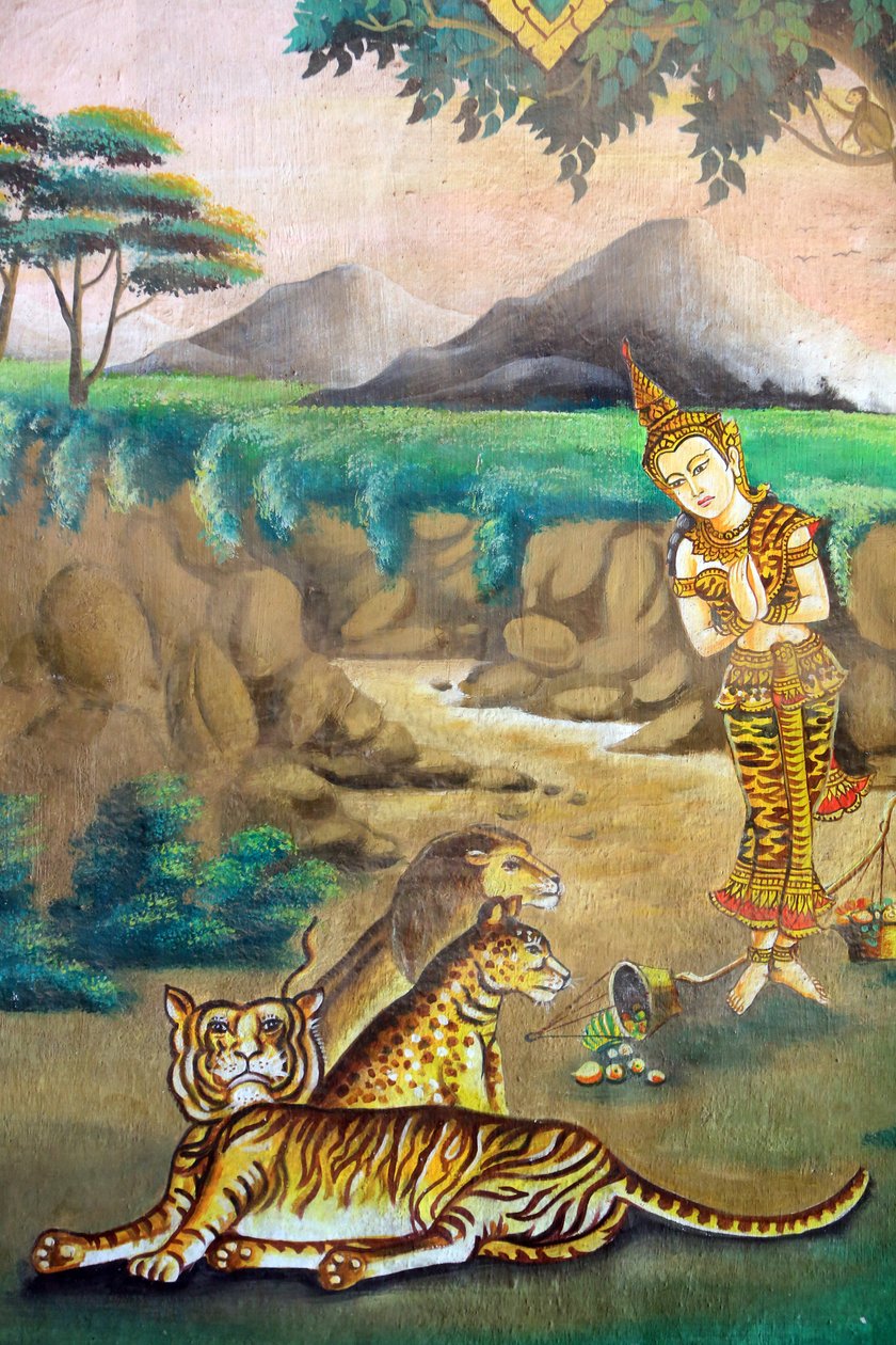 Compaixão para com os animais. Pintura retratando a história de vida de Shakyamuni Buda. Wat Naxai. Vientiane. Laos, 20151106, Vientiane, Laos. de Unbekannt