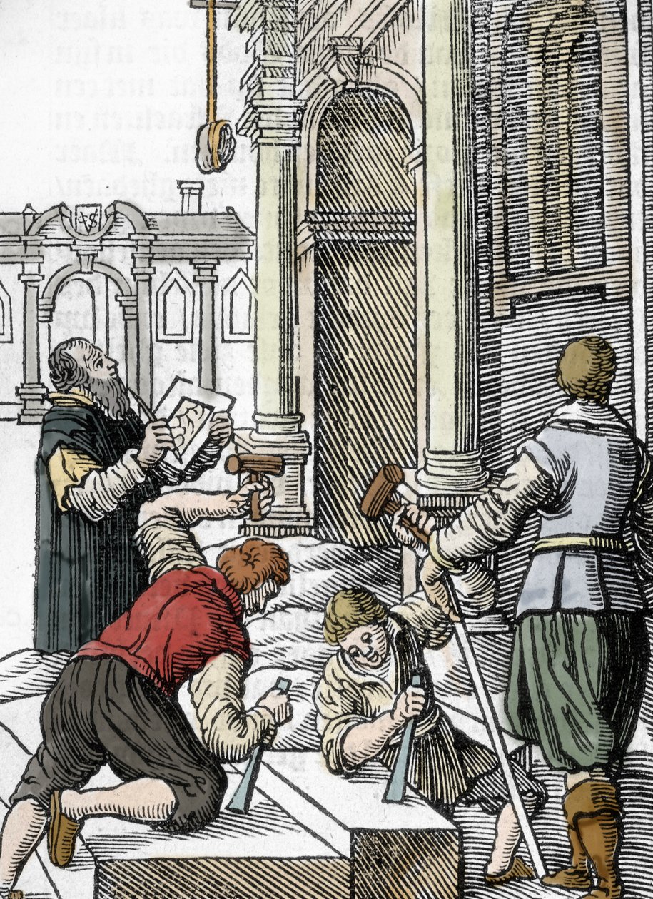 Construção de uma catedral, cortadores de pedra no século XIII-XIV (gravura) de Unbekannter Künstler