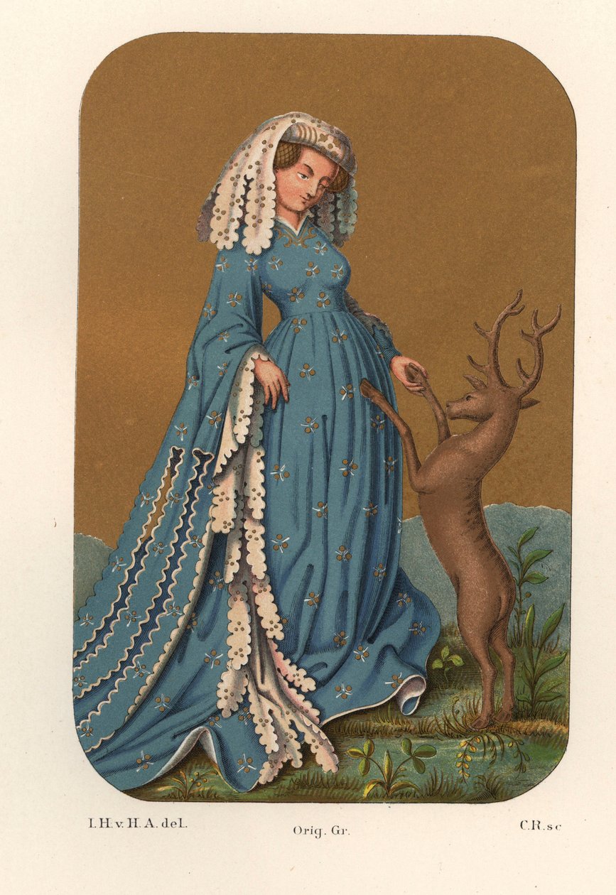 Traje de uma senhora nobre do início do século XV, com um toucado comprido e um vestido de mangas compridas, brincando com um veado - De uma carta de jogo da Biblioteca Real de Estugarda (Alemanha) - Cromolitografia, desenho de Jakob Heinrich von de Unbekannter Künstler