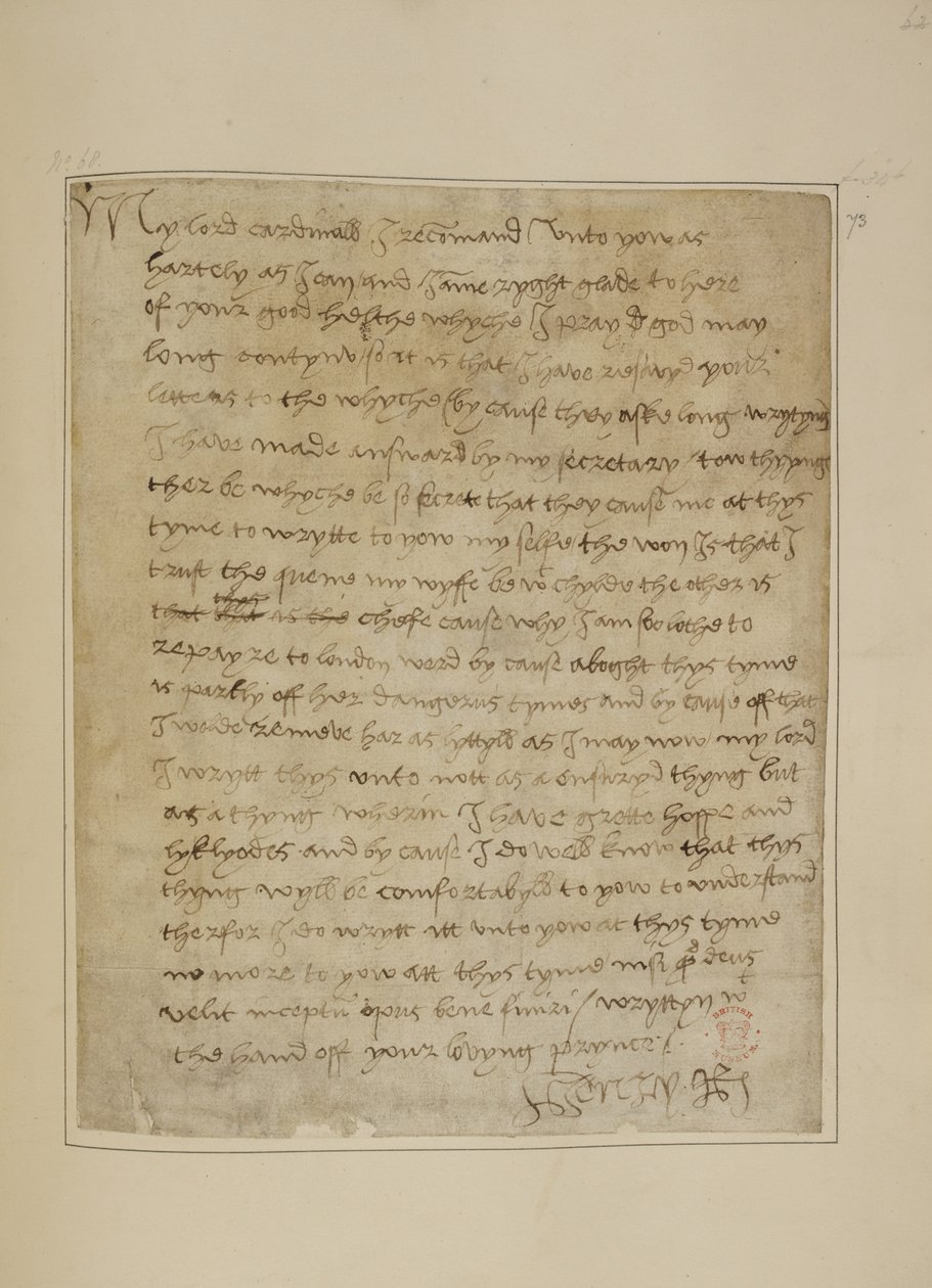 Cotton MS Vespasian F iii fol.73 Carta de Henrique VIII a Thomas Wolsey, junho de 1518 (caneta e tinta no papel) de Unbekannter Künstler
