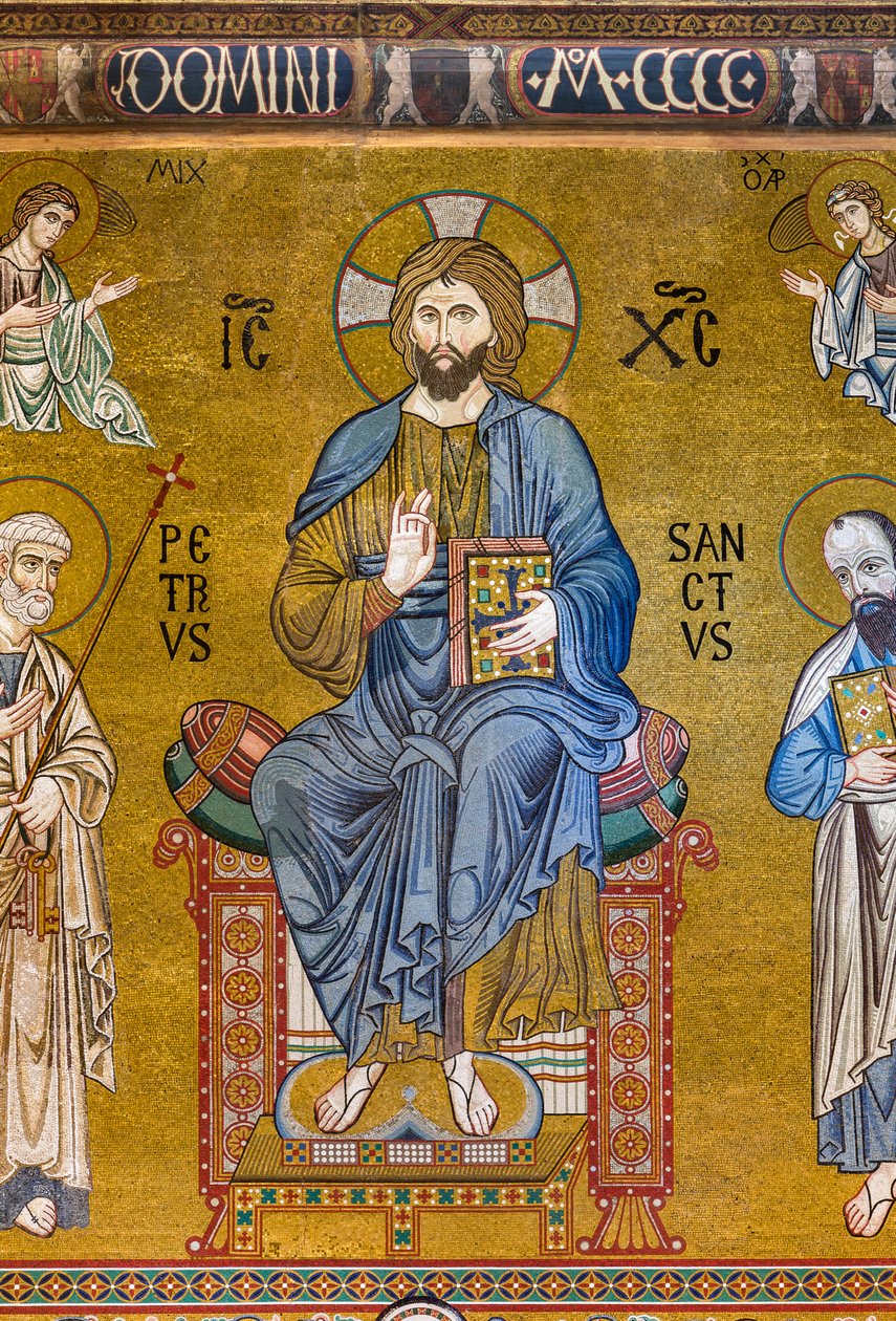 Contra-fachada: mosaico "Majestade de Cristo entronizado entre São Pedro e São Paulo", século XII, Capela Palatina, Palácio Real ou Palazzo dei Normanni (Palácio dos Normandos), Palermo, Sicília, Itália (foto) de Unbekannter Künstler