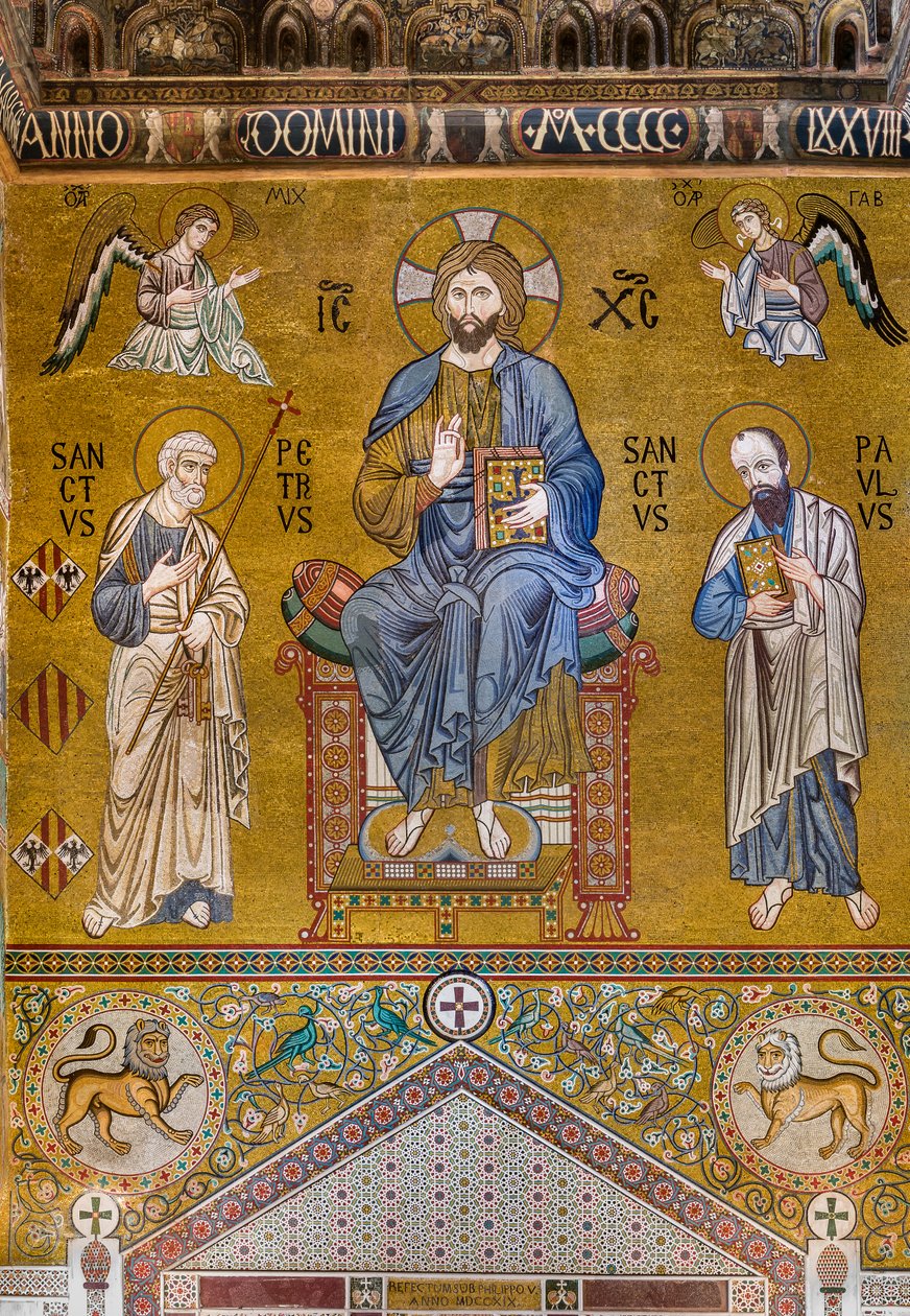 Contra-fachada: mosaico "Majestade de Cristo entronizado entre São Pedro e São Paulo", século XII, Capela Palatina, Palácio Real ou Palazzo dei Normanni (Palácio dos Normandos), Palermo, Sicília, Itália (foto) de Unbekannter Künstler