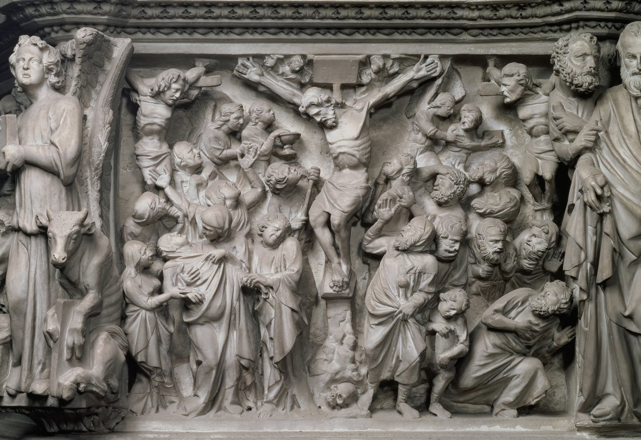 Cena da crucificação: pormenor do relevo do topo do púlpito hexagonal concebido por Giovanni Pisano (1245-1329), c.1297 (mármore) (pormenor de 77020) de Unbekannter Künstler