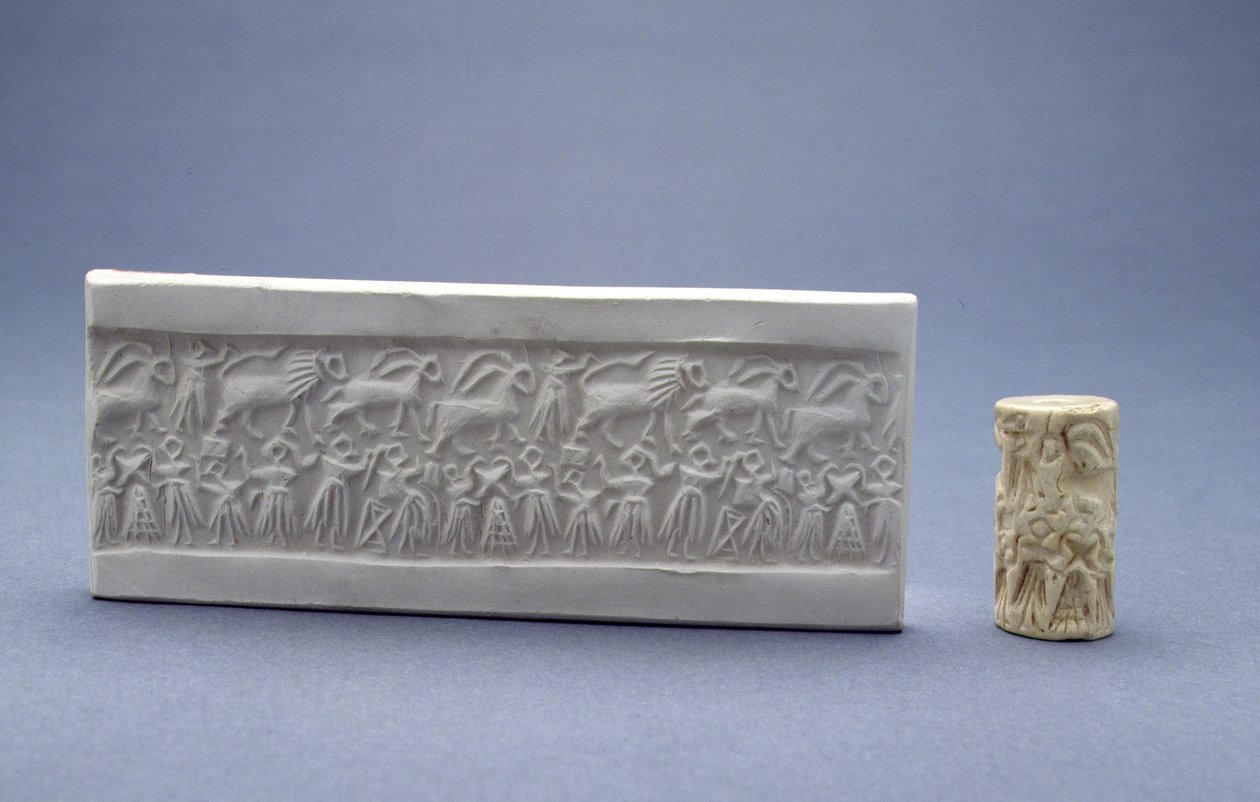 Selo cilíndrico, mostrado com impressão de gesso, Mesopotâmico, Sumério (Early Dynastic III), c.2500 BC (pedra) de Unbekannt