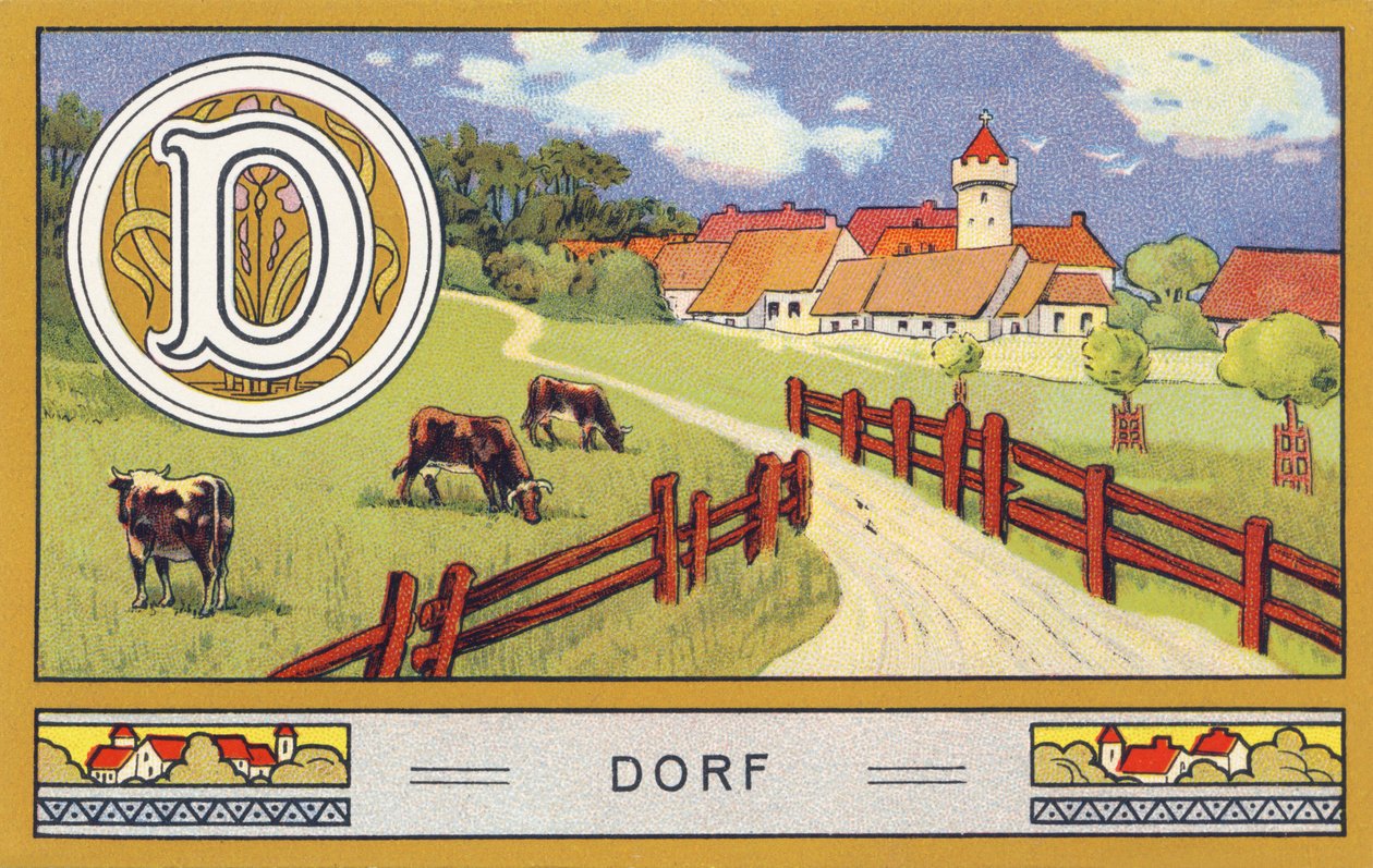 D: Dorf - Alfabeto Palmin. Série de cromolitógrafos publicada por H. Schlinck & Cie, Hamburg, n.d. . Anúncio para Palmin feinstes Cocosfett. Tamanho : 7 x 11 cm de William M. Timlin