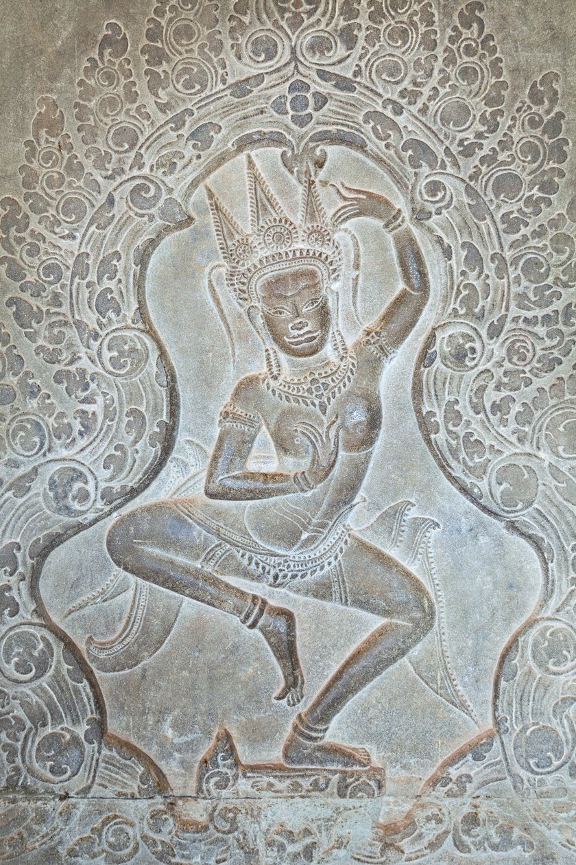 Dançando o relevo de Apsara na parede exterior ocidental, Angkor Wat, Camboja (foto) de Unbekannter Künstler