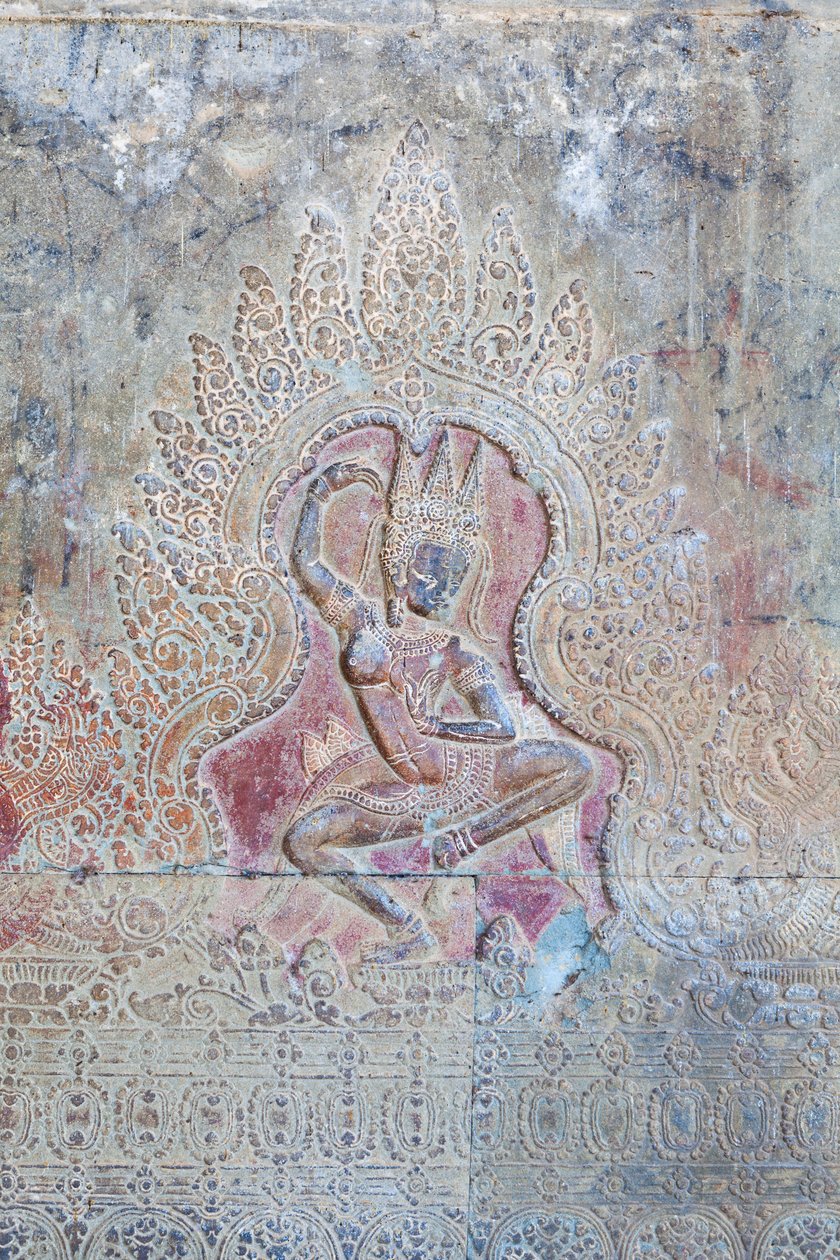 Dançando o relevo de Apsara na parede exterior ocidental, Angkor Wat, Camboja (foto) de Unbekannter Künstler