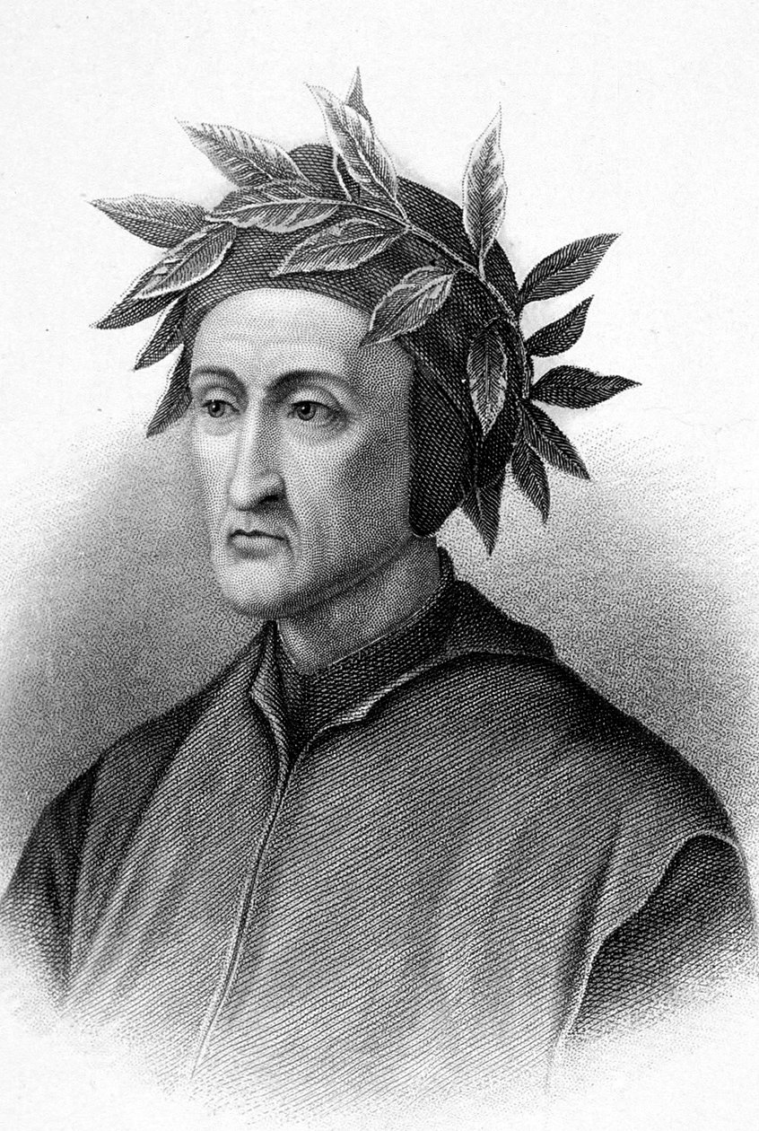 Dante Alighieri (1265-1321) escritor italiano (Divina Comédia), aqui coroado de louros, gravura de Unbekannter Künstler