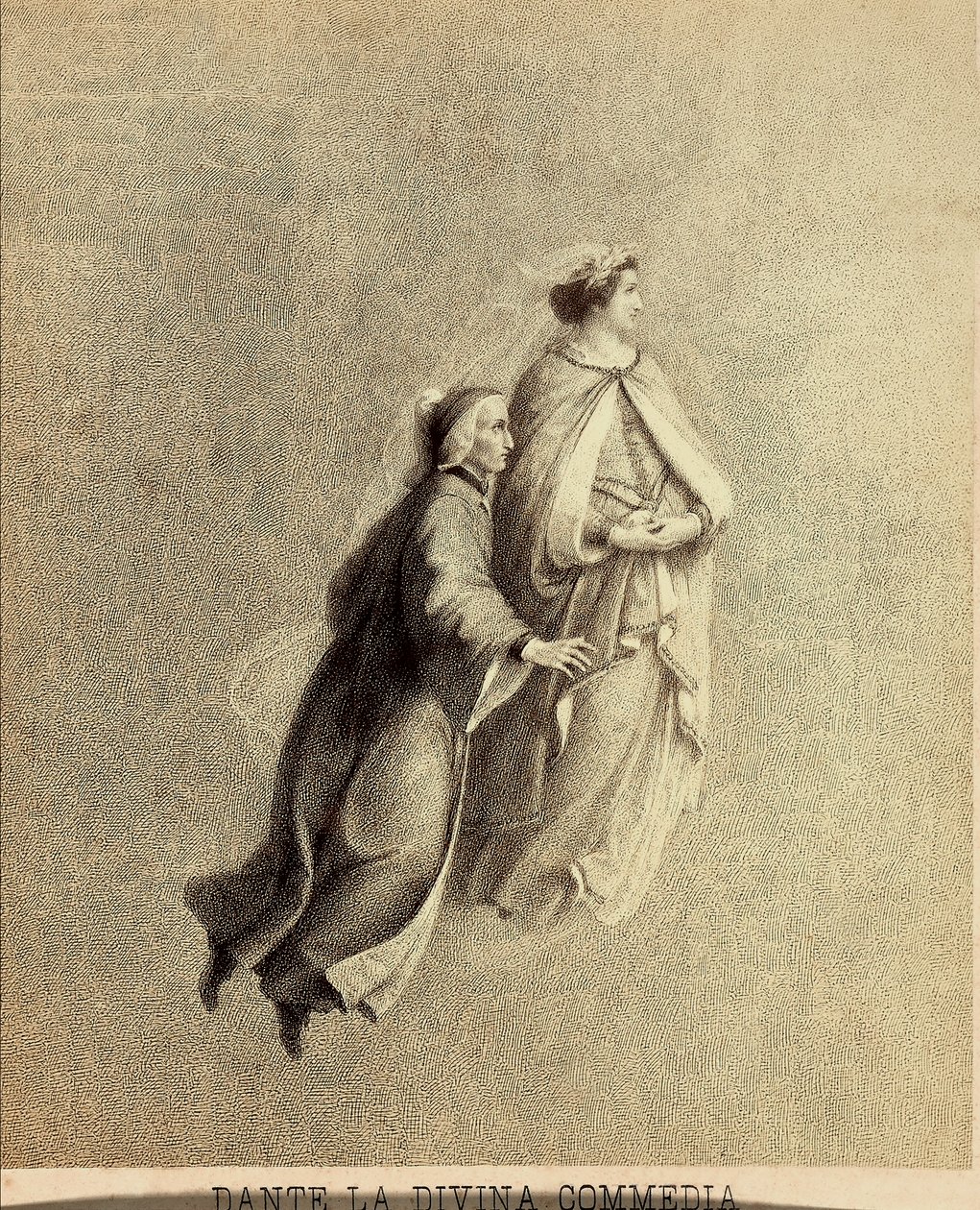 Dante e Beatriz a voar pelo firmamento do Paraíso. Ilustração do Canto I do Paradiso de A Divina Comédia de Dante Alighieri. Obra de Franceso Scaramuzza dedicada ao Município de Florença. de Unbekannter Künstler