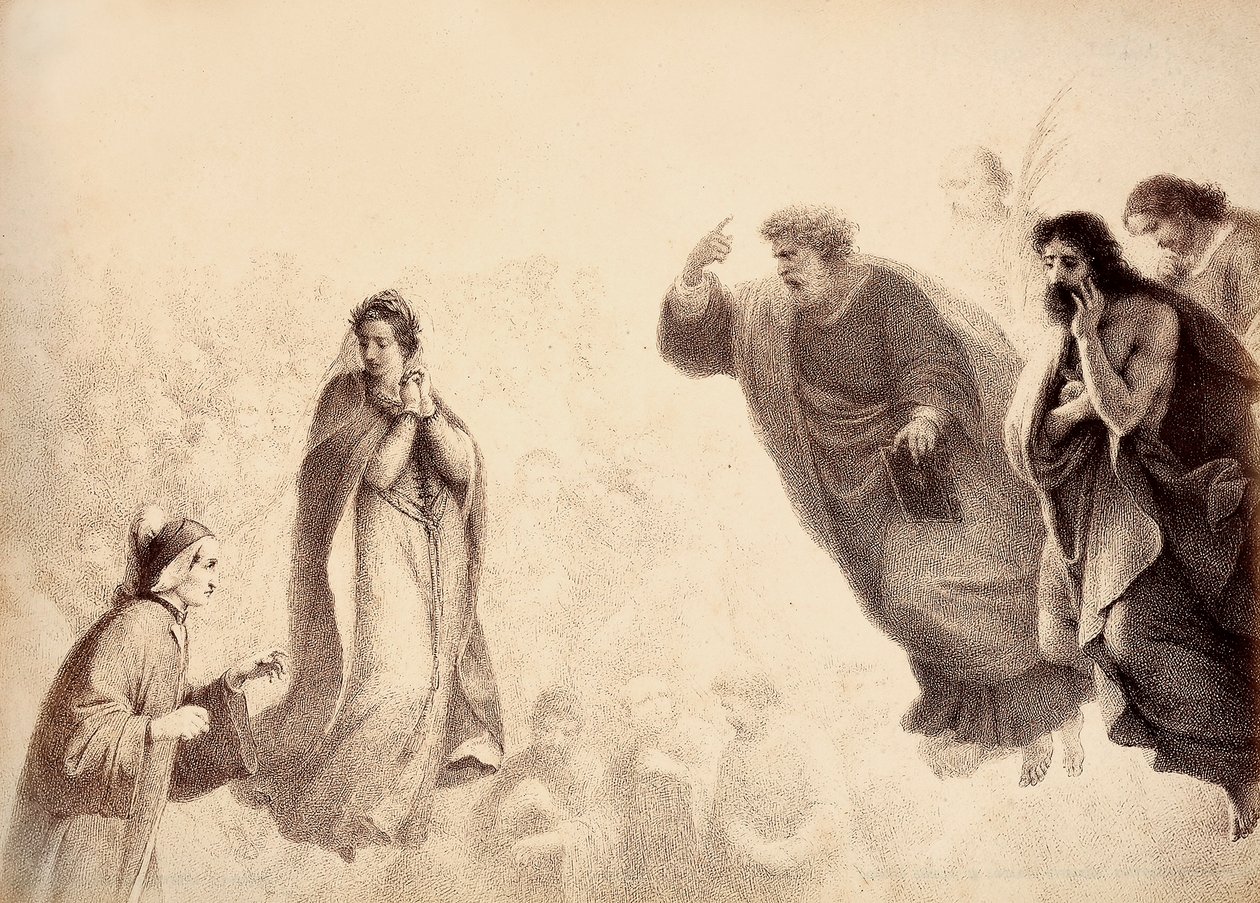 Dante e Beatriz diante dos espíritos brilhantes dos apóstolos Pedro, Tiago e João. Pedro tem o braço levantado em sinal de ira. Ilustração do Canto XXVII do Paradiso de A Divina Comédia de Dante Alighieri. Obra de Francesco Scaramuzza dedicada a de Unbekannter Künstler