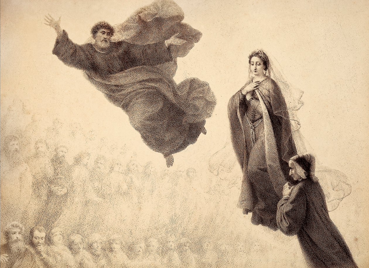Dante e Beatriz encontram-se com São Pedro. Ilustração do Canto XXIV do Paradiso de A Divina Comédia de Dante Alighieri. Obra de Francesco Scaramuzza dedicada ao Município de Florença. de Unbekannter Künstler