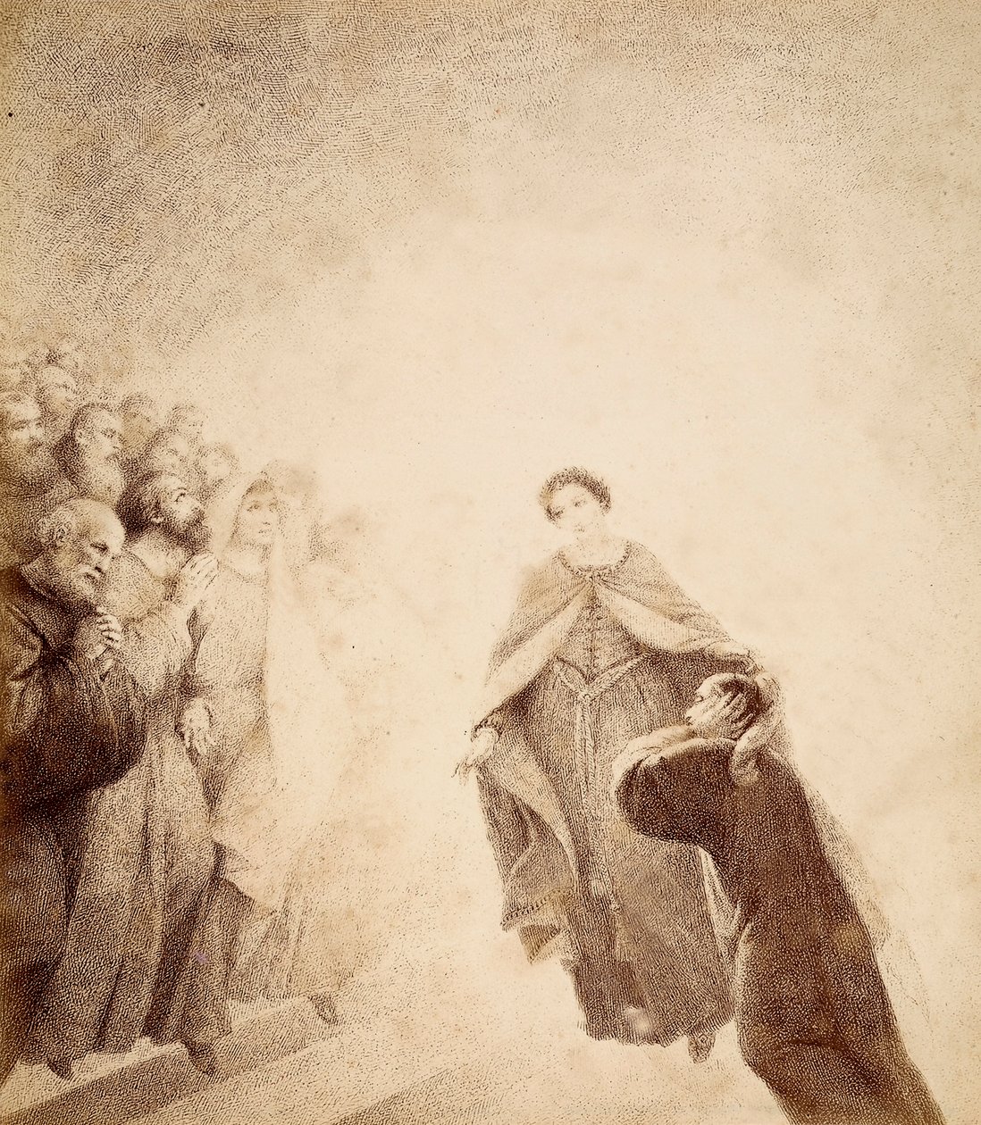 Dante tapa os ouvidos com as mãos, dominado pelos gritos de cólera lançados pelos espíritos dispostos ao longo da escada. Ilustração do Canto XVI do Paradiso de A Divina Comédia de Dante Alighieri. Obra de Francesco Scaramuzza dedicada à Câmara Municipal d de Unbekannter Künstler