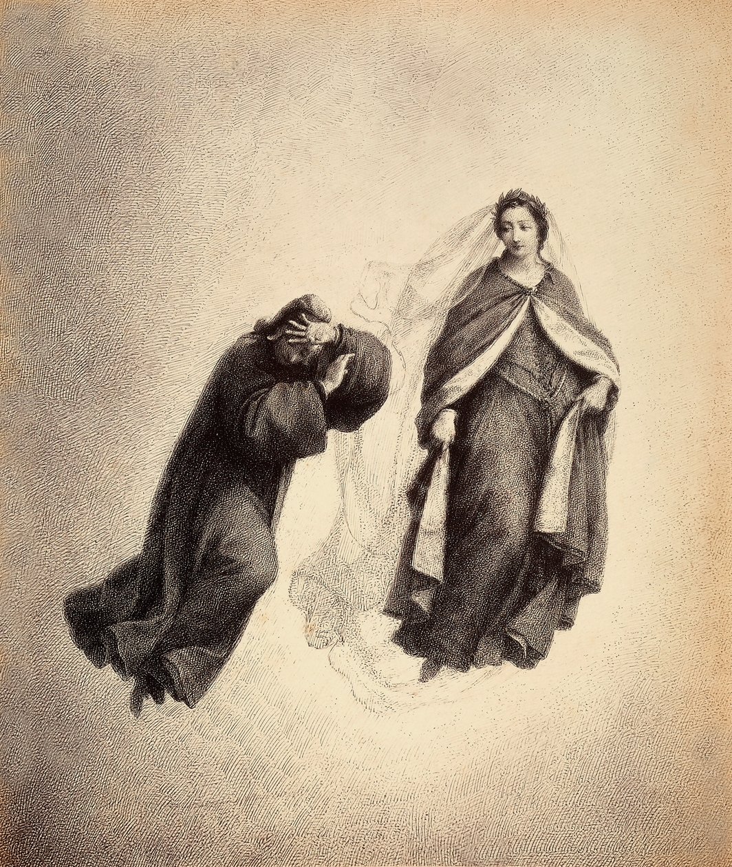 Dante cobre o rosto com as mãos, dominado pelo olhar de Beatriz, tão cheio de amor divino. Ilustração do Canto IV do Paradiso de A Divina Comédia de Dante Alighieri. Obra de Franceso Scaramuzza dedicada ao Município de Florença. de Unbekannter Künstler
