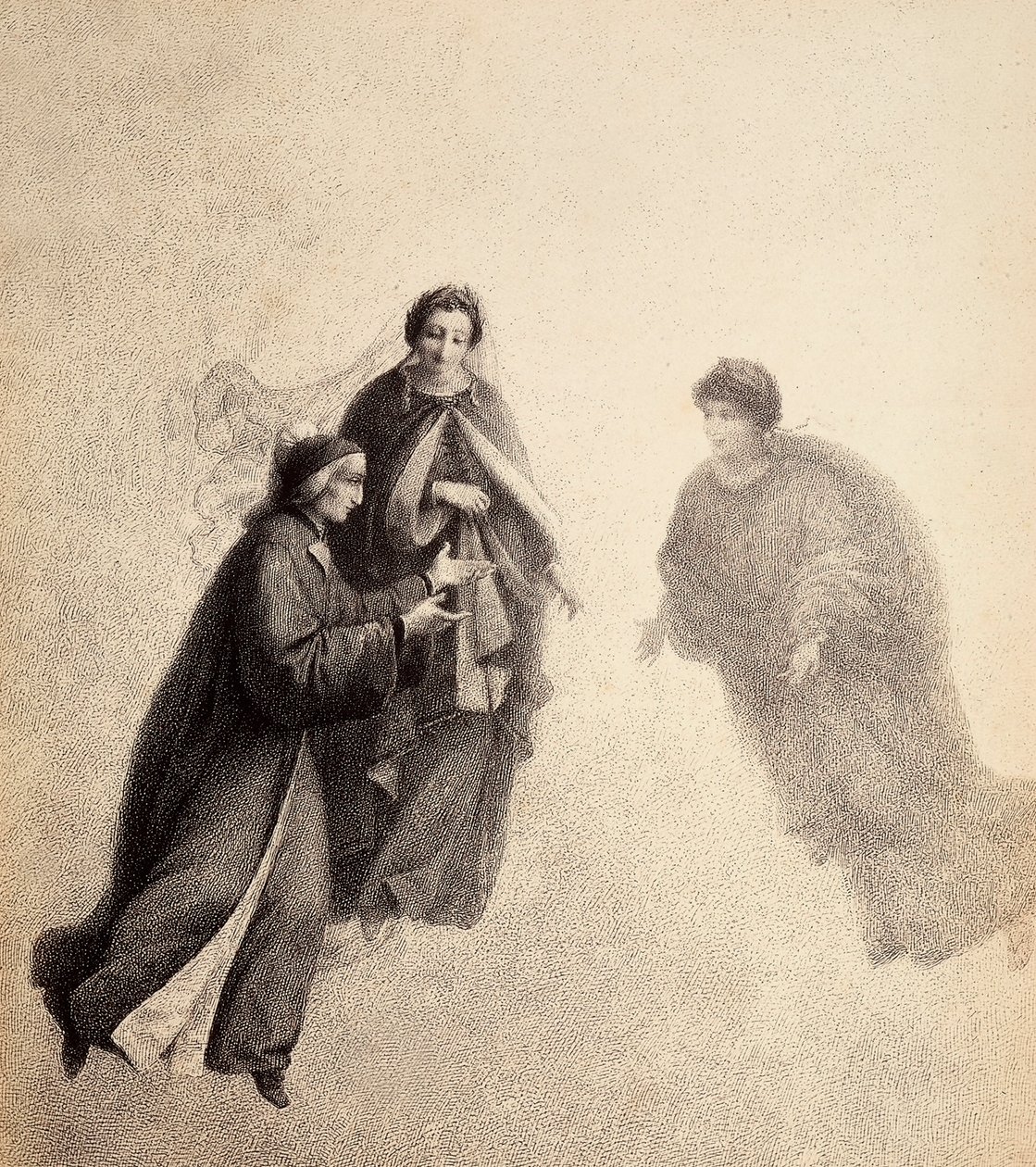 Dante, incitado por Beatriz, fala com um espírito piedoso. Ilustração do Canto V do Paradiso de A Divina Comédia de Dante Alighieri. Obra de Franceso Scaramuzza dedicada ao Município de Florença. de Unbekannter Künstler