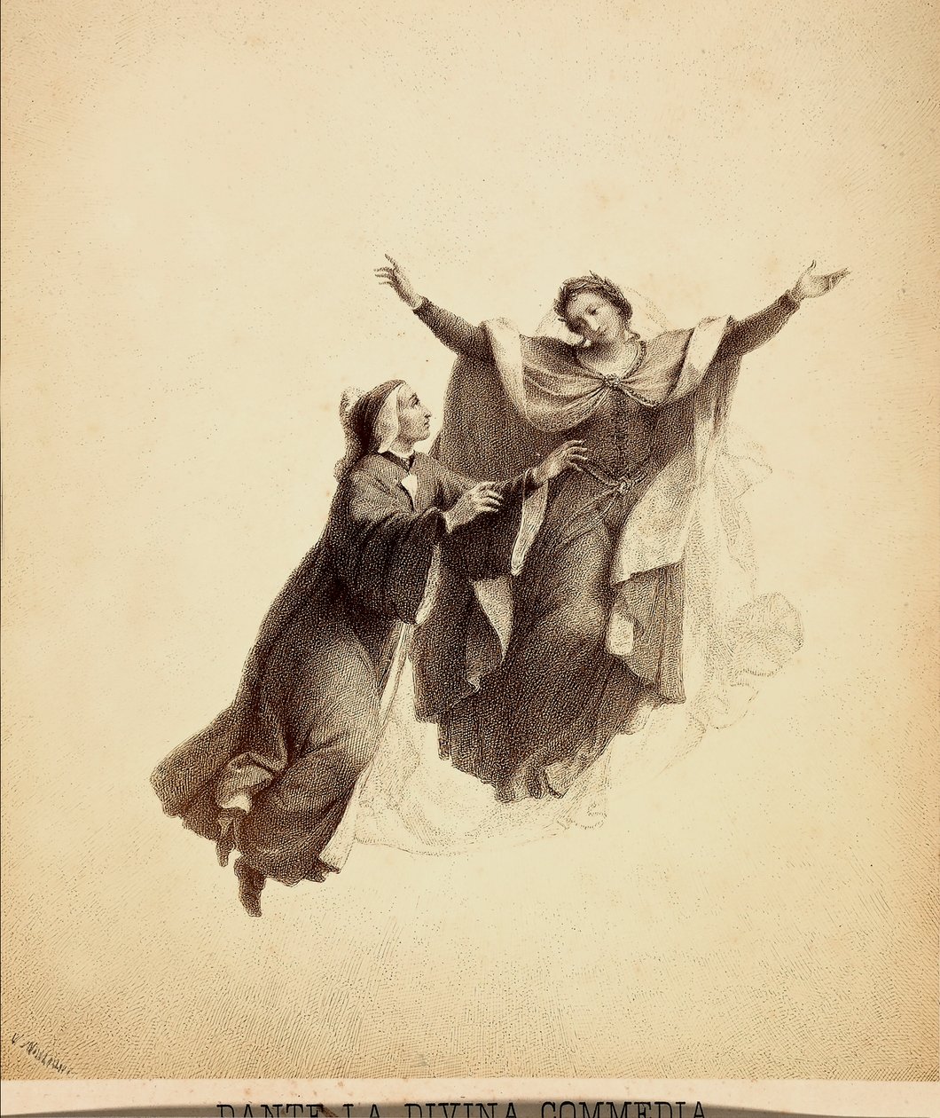 Dante, de braços abertos, conduzido em voo por Beatriz através do firmamento do Paraíso. Ilustração do Canto I do Paradiso de A Divina Comédia de Dante Alighieri. Obra de Franceso Scaramuzza dedicada ao Município de Florença. de Unbekannter Künstler