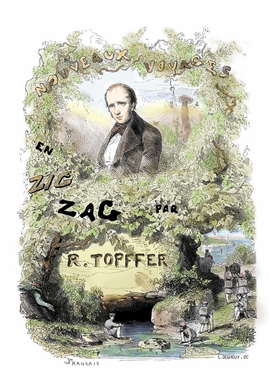 Estreia da banda desenhada: frontispício de "Nouveaux voyages en zig-zag" de Rodolphe Topffer (1799-1846) de Unbekannter Künstler