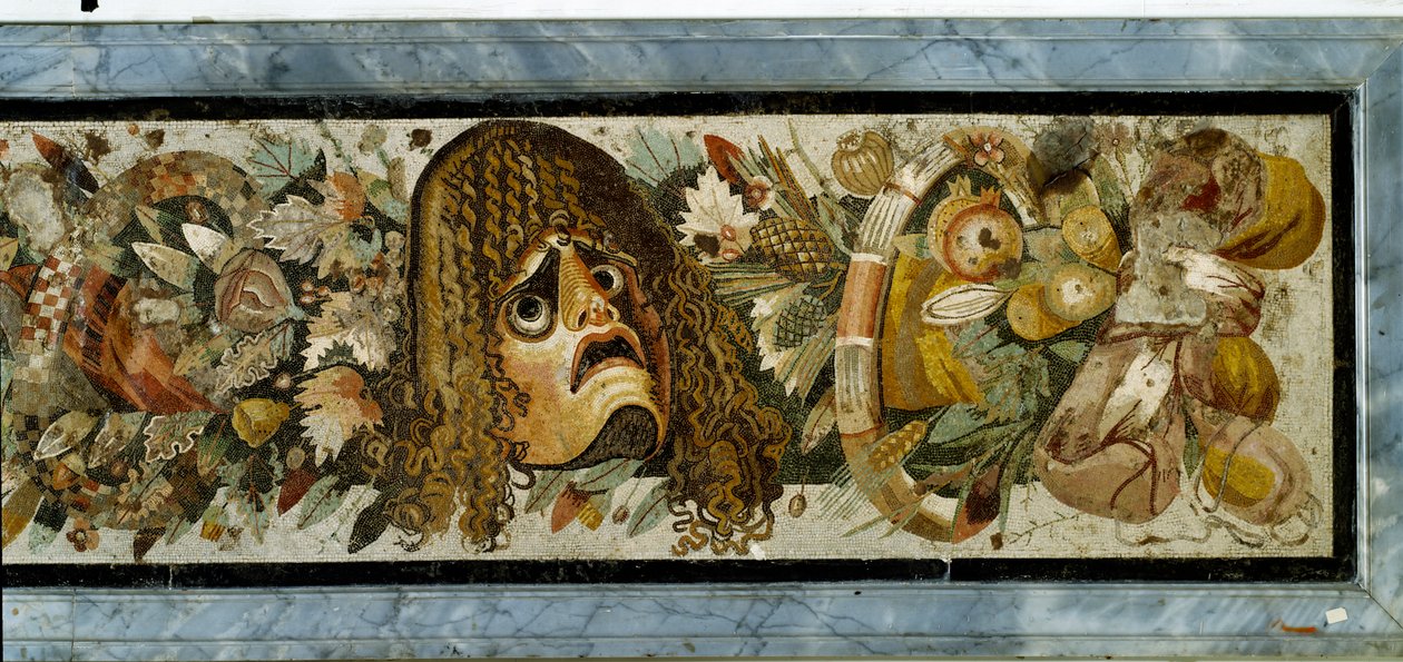 Painel decorativo representando uma guirlanda de máscaras, folhagens e frutas da Casa do Fauno, em Pompéia, século 2 a.C. (mosaico) de Unbekannt