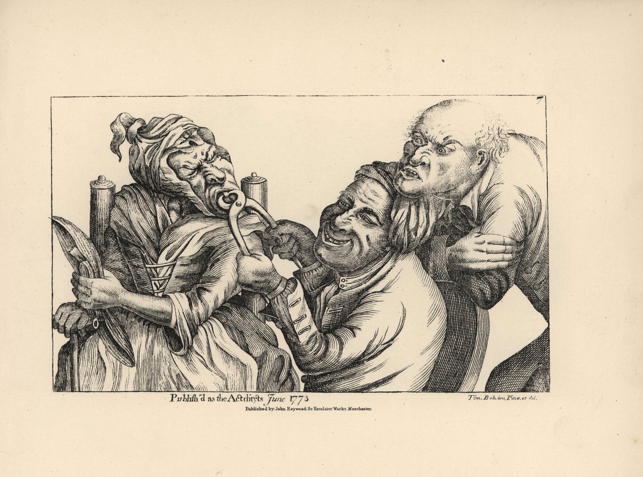 Dentista a rir-se enquanto usa uma pinça para extrair um dente estragado da boca de uma mulher idosa. Gravura em talhe-doce segundo uma ilustração satírica de Timothy Bobbin (John Collier) (1708-1786) de Human Passions Delineated, John Haywood, Manchester de Unbekannter Künstler