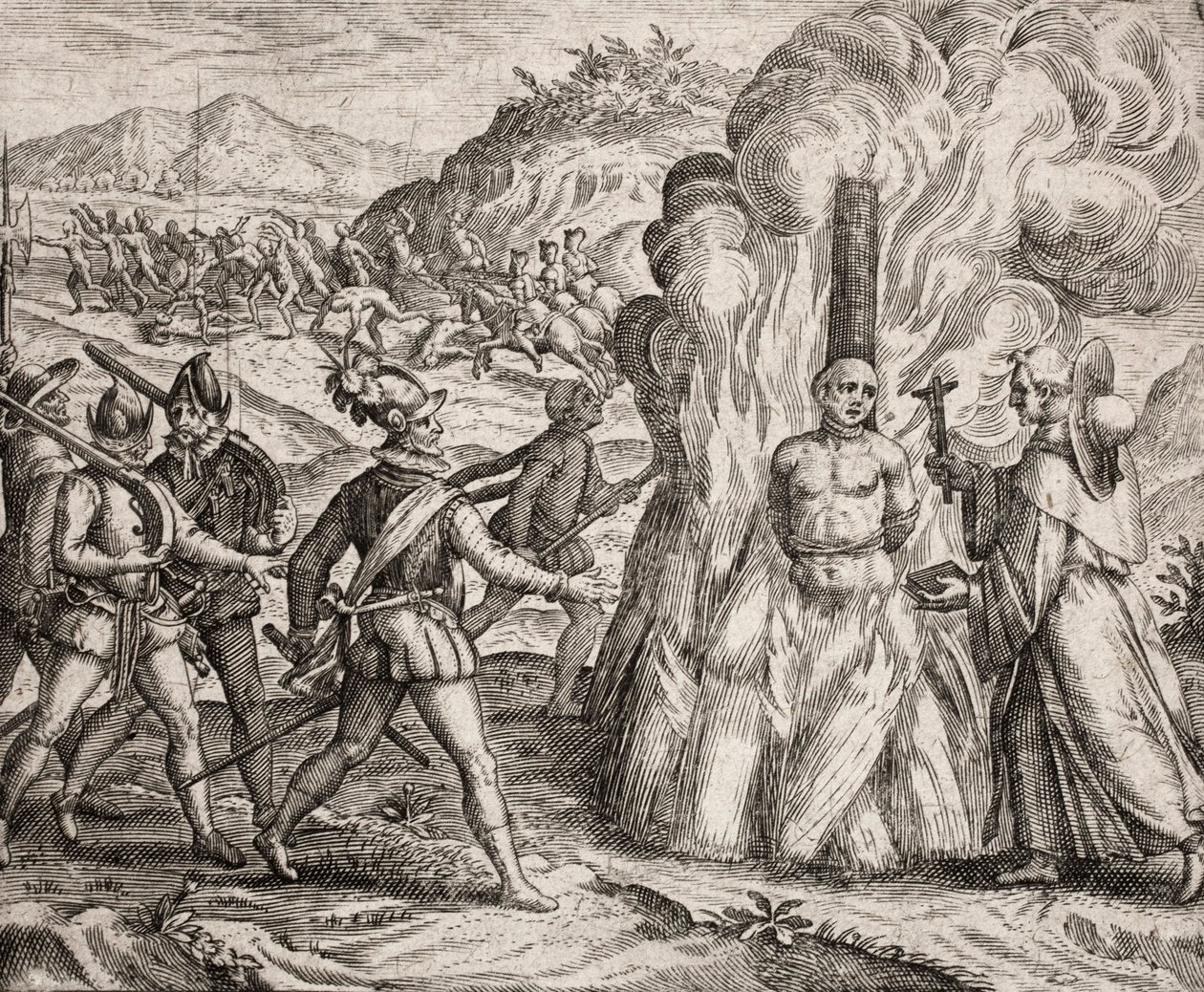 Descrição dos crimes infligidos aos índios pelos colonos espanhóis - Conquistadores queimando na fogueira um índio que se recusou a converter-se à fé católica. Religiosos da Ordem Franciscana (gravura) "Narratio regionum indicarum per Hispano de Unbekannt