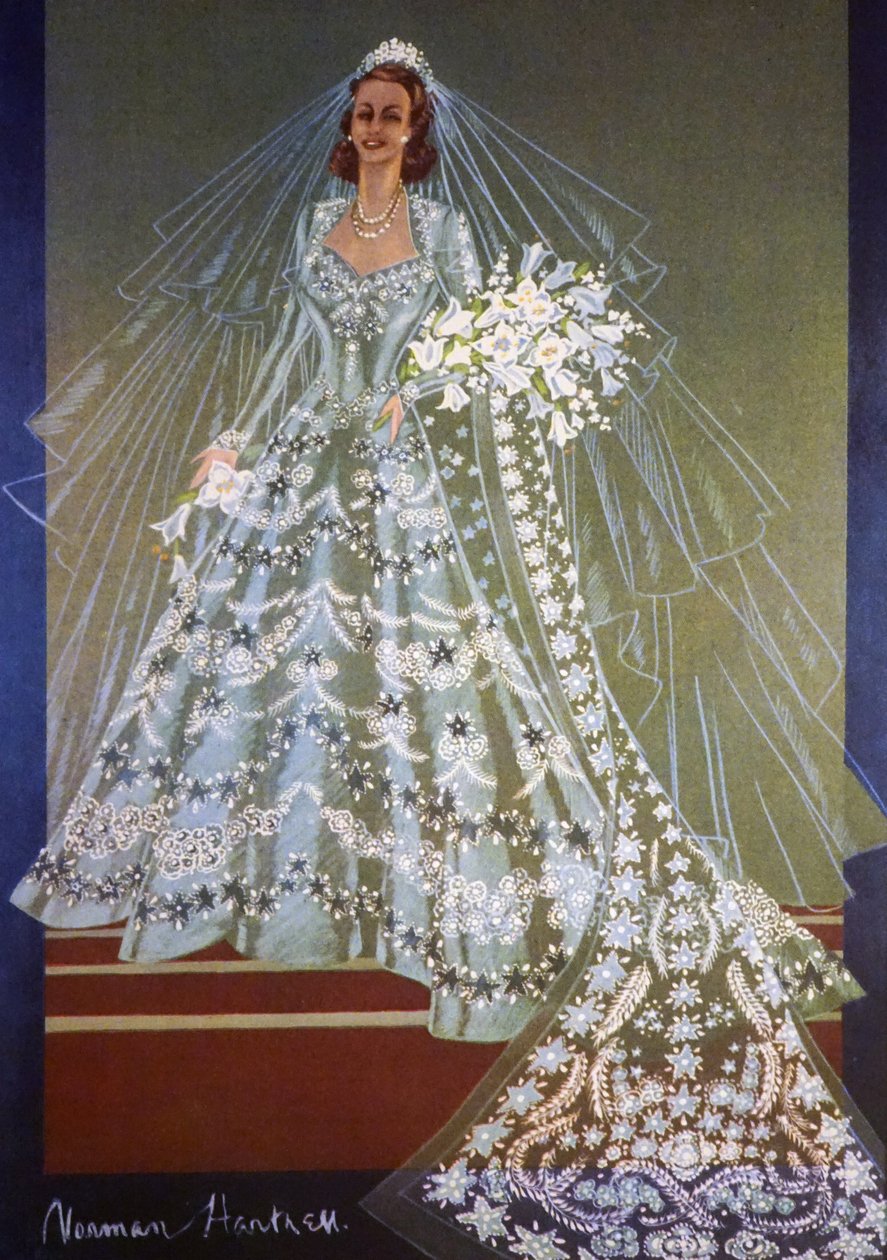 Design para vestido de noiva da Rainha Isabel II da Grã-Bretanha de Unbekannter Künstler