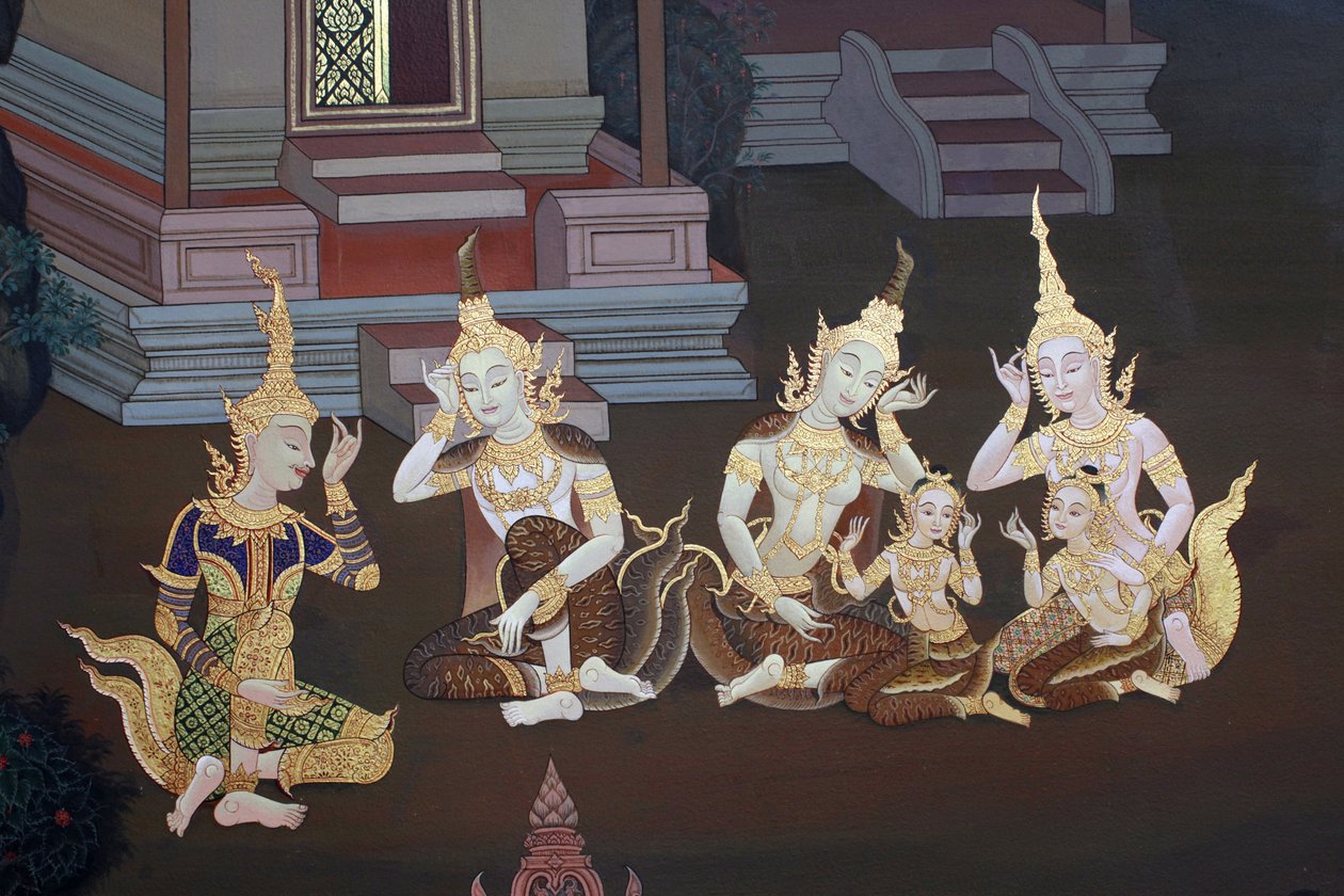 Detalhe de uma pintura mural no Uposatha (hall do santuário) do templo de Buddhapadipa, Wimbledon, Grande-Bretagne de Unbekannt