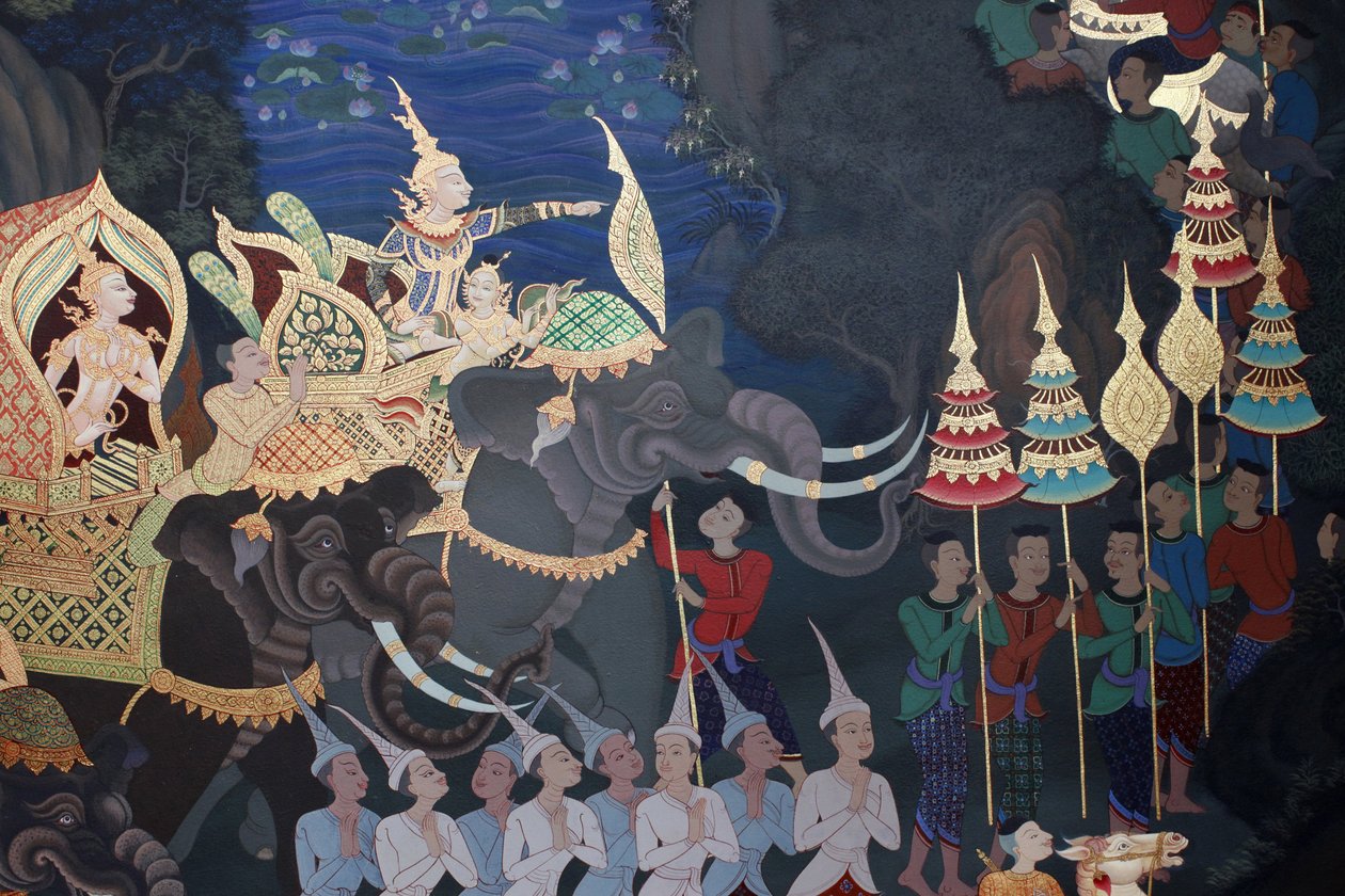 Detalhe de uma pintura mural no Uposatha (hall do santuário) do templo de Buddhapadipa, Wimbledon, Grande-Bretagne de Unbekannt