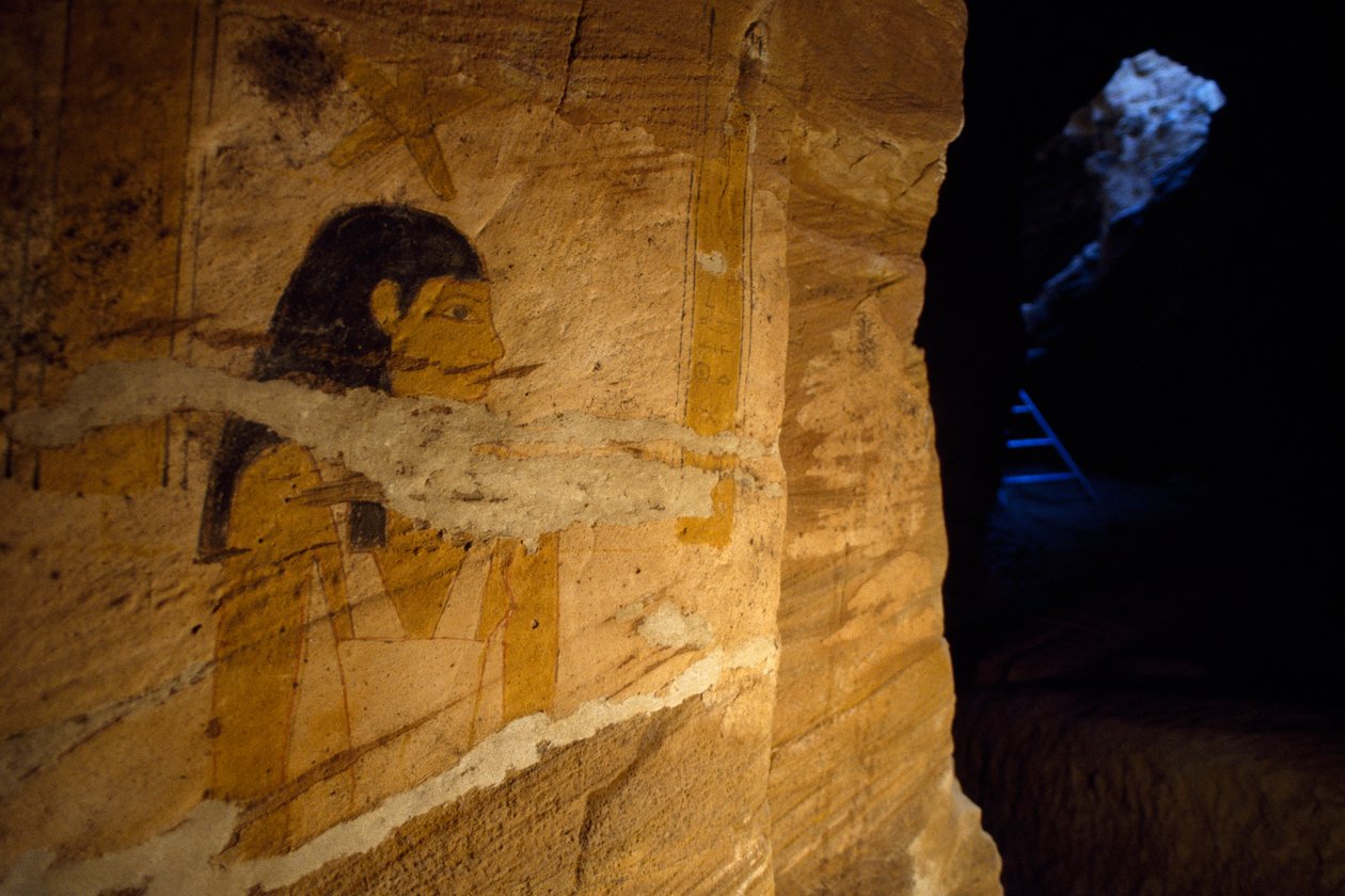 Detalhe de pinturas murais encontradas durante escavações no Túmulo do Governador, Vale das múmias douradas, Bahariya Oasis, Gizé, Egito de Benjamin Baud