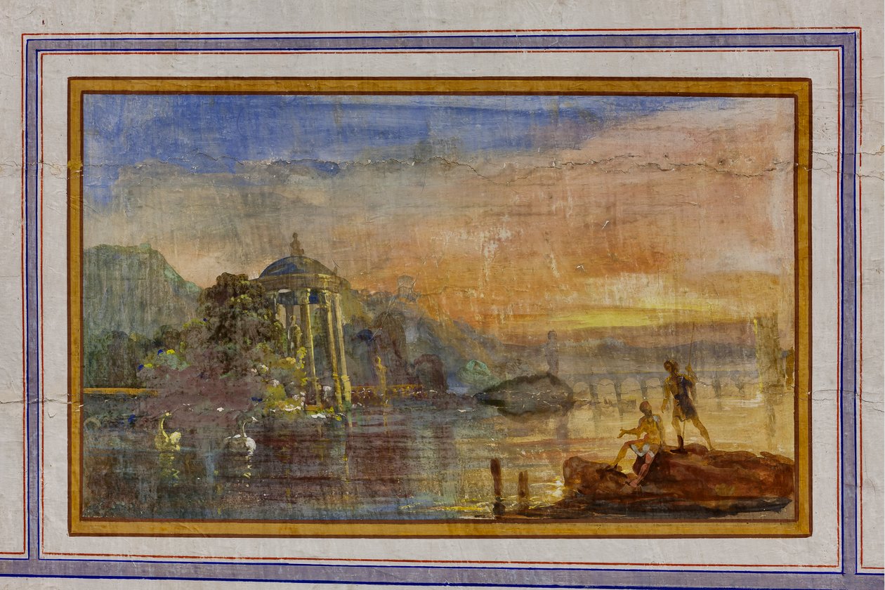 Detalhe da decoração representando uma paisagem, A Sala Vermelha, O Apartamento Real, O Palácio Real ou Palazzo dei Normanni (Palácio dos Normandos), Palermo, Sicília, Itália (foto) de Unbekannter Künstler