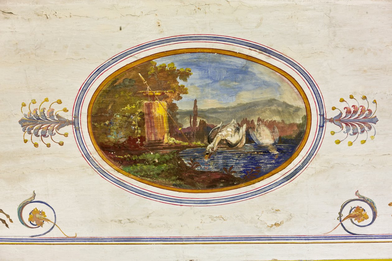 Detalhe da decoração representando cisnes, A Sala Vermelha, O Apartamento Real, O Palácio Real ou Palazzo dei Normanni (Palácio dos Normandos), Palermo, Sicília, Itália (foto) de Unbekannter Künstler