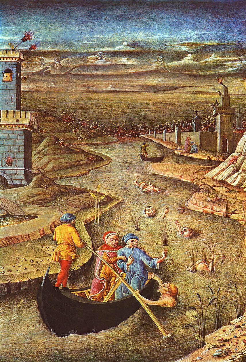 A Divina Comédia: Dante e Virgílio, levados por Charron, encontram o maldito Filippo Argenti (miniatura) de Unbekannter Künstler
