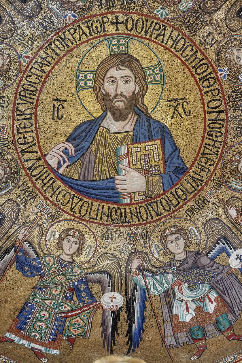 Cúpula do transepto: mosaico "Bênção de Cristo Pantocrator entre anjos e arcanjos", século XII, Capela Palatina, Palácio Real ou Palazzo dei Normanni (Palácio dos Normandos), Palermo, Sicília, Itália (foto) de Unbekannter Künstler